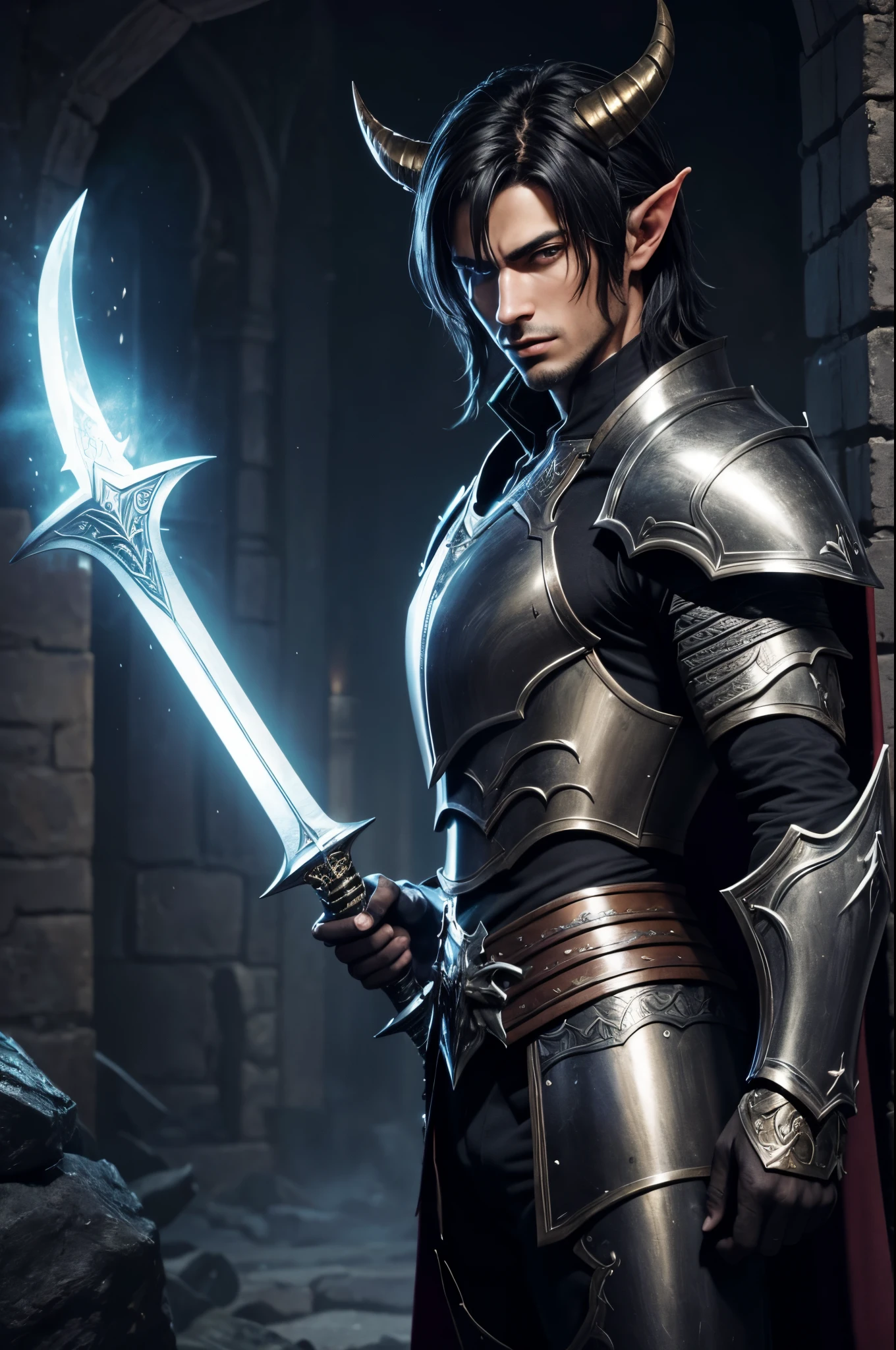 8K,Close-up of a costumed devil holding a sword, beautiful young devil, Super handsome(Like the real thing)super realistic skin,Young men,graphic artist magali villeneuve, Fantasy warriors in full armor, Very stylish fantasy armor, elven armor, Jet black armor, Stunning character art, epic exquisite character art, fantasy warrior, Arsen Lupin as Paladin, River Male, best demon warrior,Colored men,Inside the demon castle,