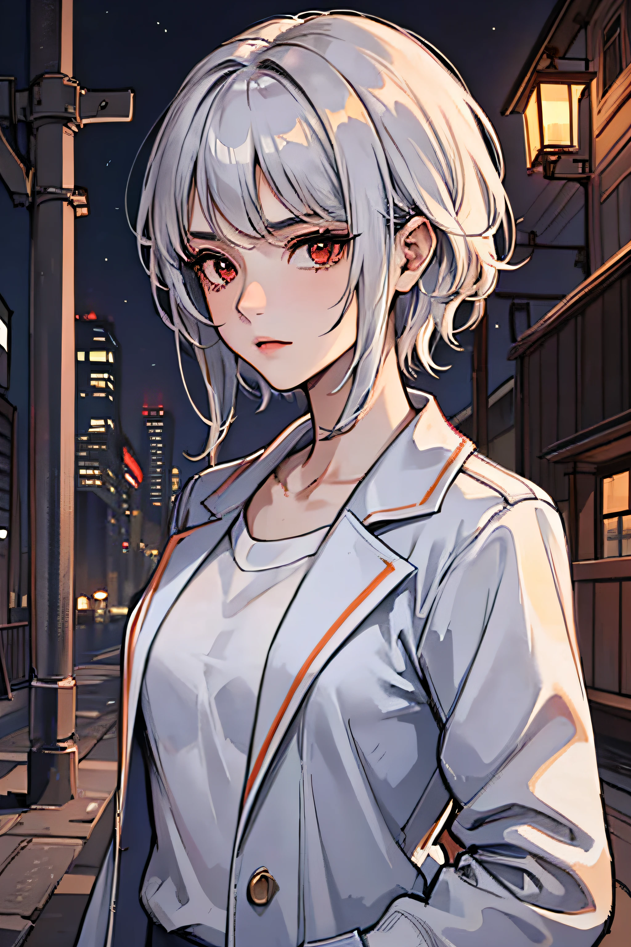 Girls with short hair are handsome，The eyes are red，Silver-gray hair，The expression is slightly serious，Lift your head slightly，staring in the camera，Abandoned factory background，4K Ultra Clear，clear skin texture，oda'There's a little starlight in the environment
