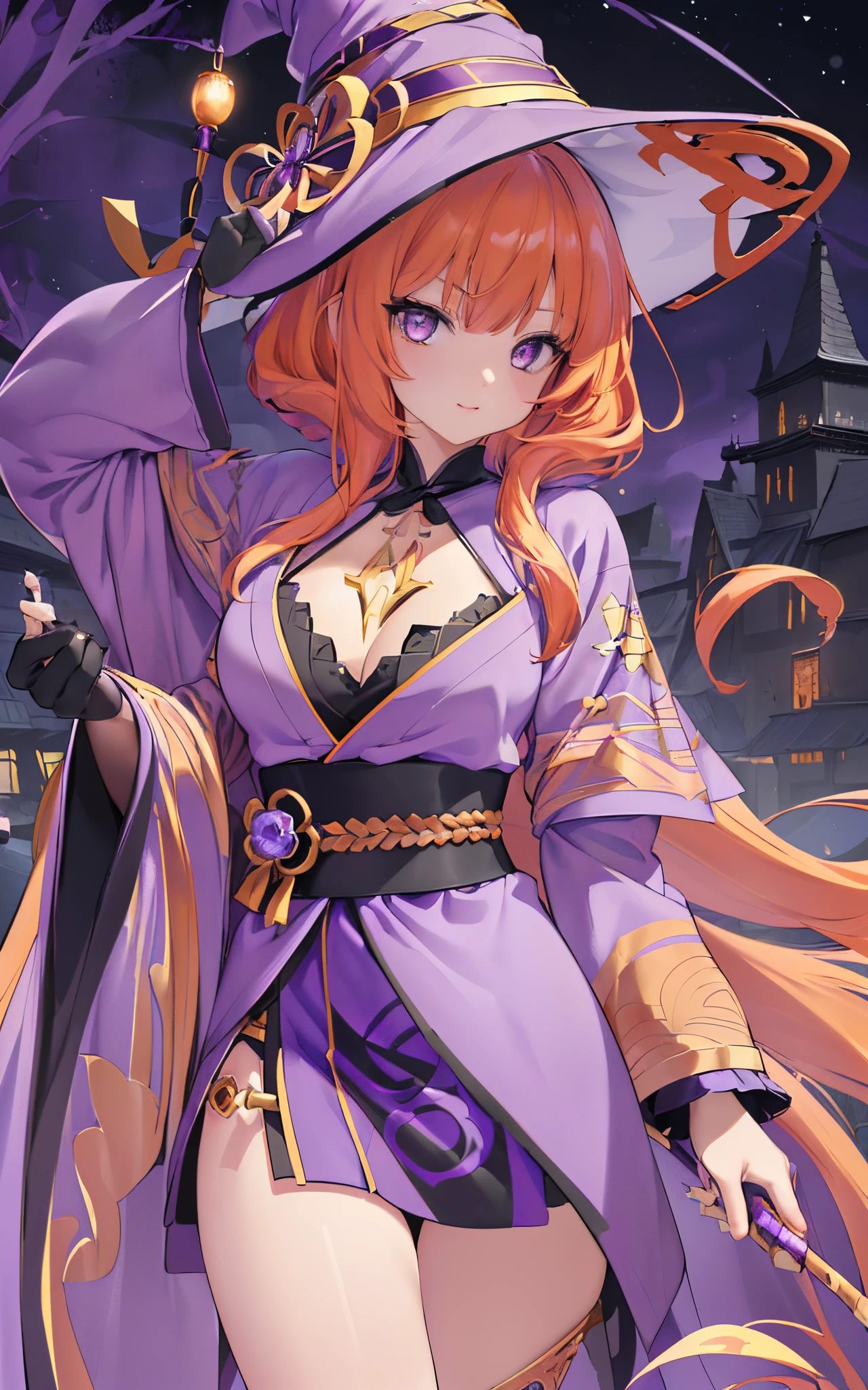 (8K, Best quality at best, tmasterpiece:1.2),\(Eyes detailed\),\(facial feature\),(\(clothing details details body,(sface focus) ,Very detailed CG unified 8k wallpaper,hugefilesize,ultra - detailed,A high resolution,hoang lap,beautidful eyes,ray traycing,Dramatic shadows,Detailed pubic hair,dramatic angles,hyper-detailing,(1 girl:1.3),(Alone),岁,(Hanari Minori),Orange hair,(stone gray eyeig eyes,cute girl,medium breasts,young beautiful girl,(Purple gold embroidered magic robe),Willow waist,Witch hat,halloween.Magic guild background,Marble building,English architectural style