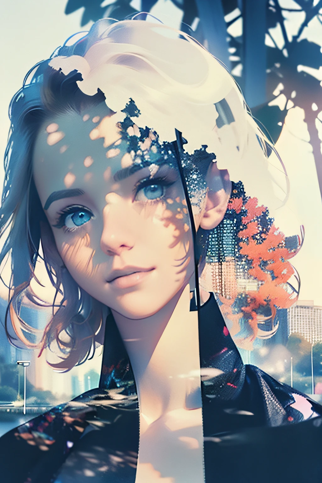 photoRealstic、((Super multiple exposure effect where the background can be seen through the clothes))、girl with、A smile、Lakeside in the background、Wonderful、towards the night view, If you leave the shutter open for a long time、create a line of light.