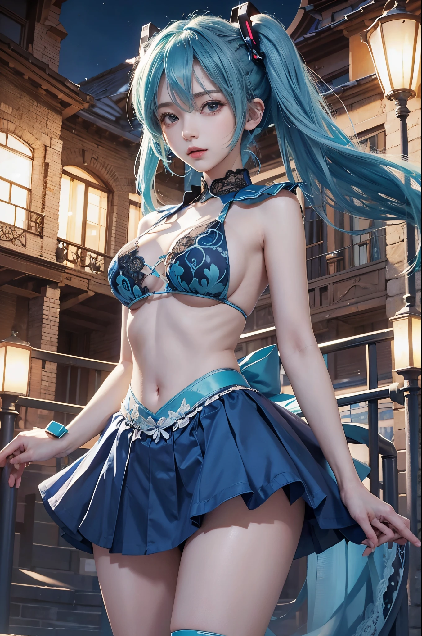 Big breasts Hatsune Miku, actual, Blue hair, ultra - detailed，Lace bikini，，Bigchest
