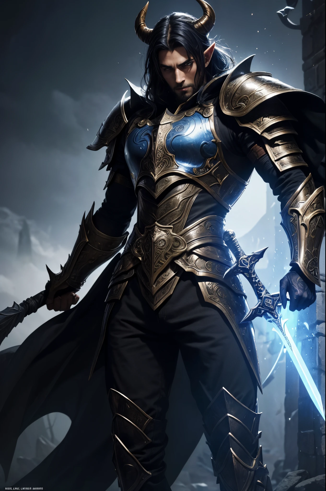 8K,Close-up of a costumed devil holding a sword, beautiful young devil, Super handsome(Like the real thing)super realistic skin,Young men,graphic artist magali villeneuve, Fantasy warriors in full armor, Very stylish fantasy armor, elven armor, Jet black armor, Stunning character art, epic exquisite character art, fantasy warrior, Arsen Lupin as Paladin, River Male, best demon warrior,Colored men,Inside the demon castle,