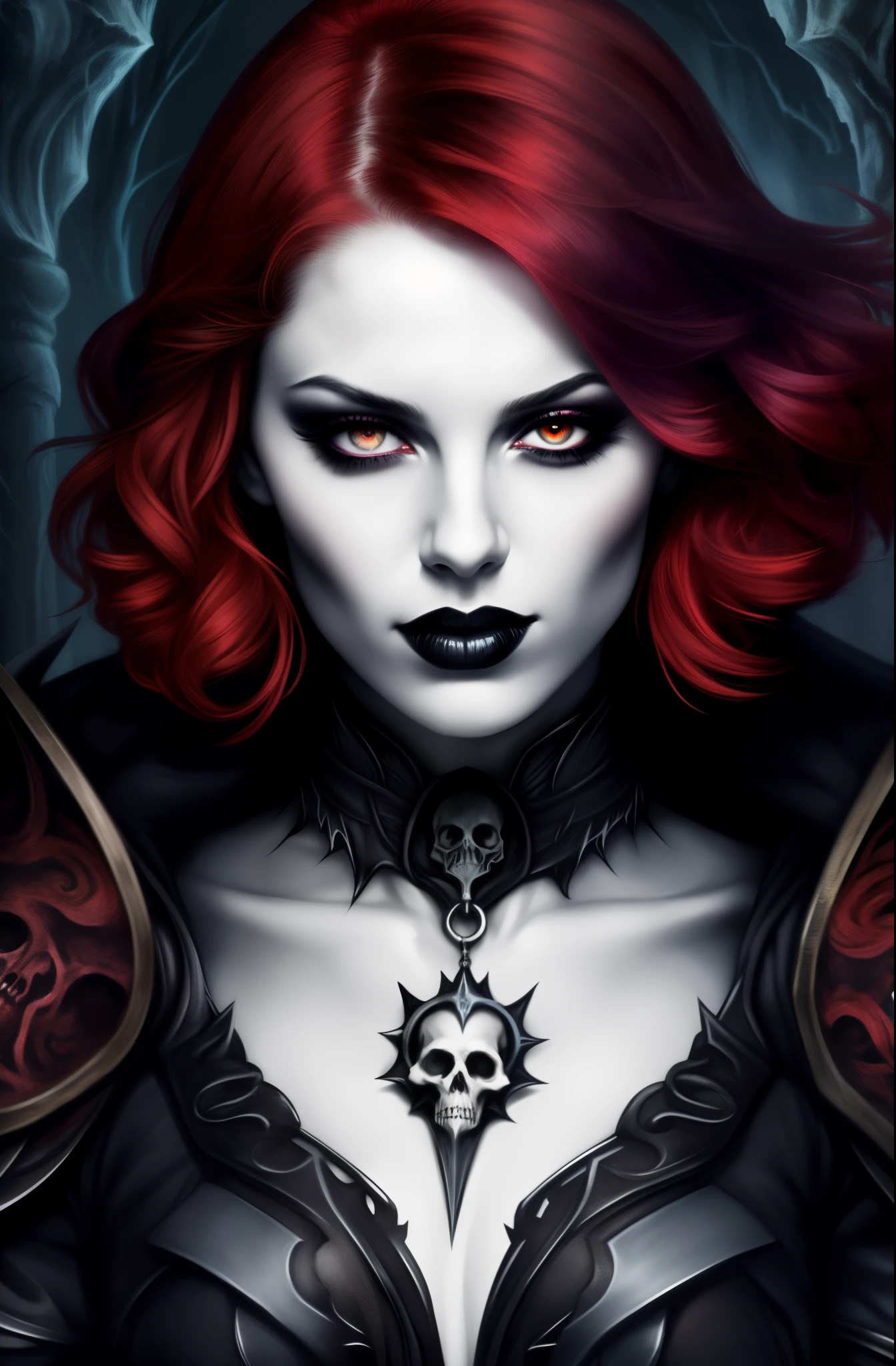 Fantasy Female Necromancer with pale skin and short red hair , dark mascara, heavy makeup, skulls