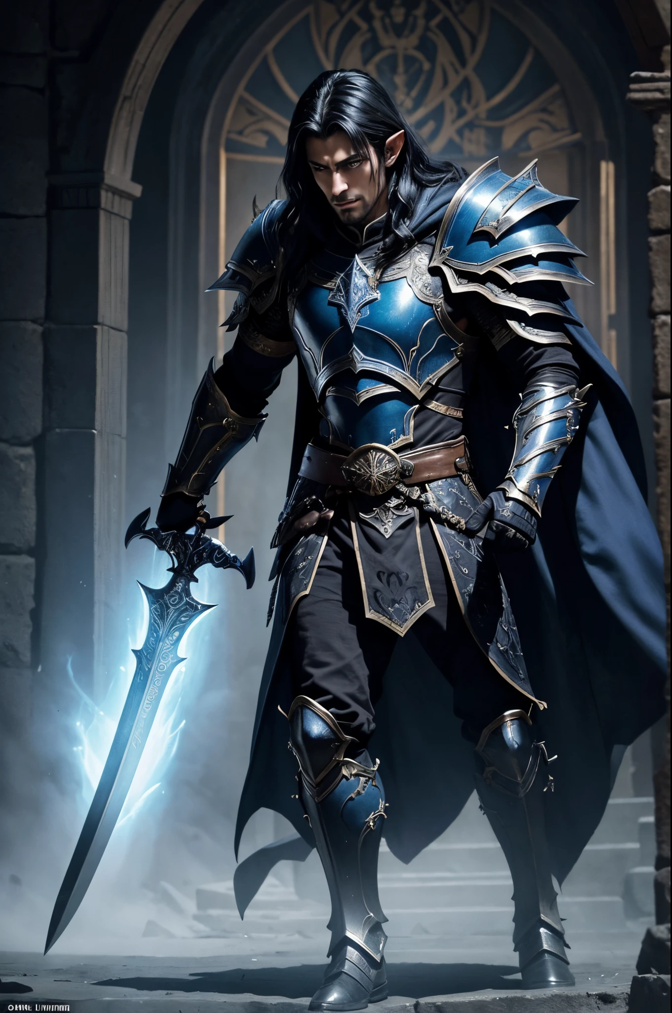 8K,Close-up of a costumed devil holding a sword, beautiful young devil, Super handsome(Like the real thing)super realistic skin,Young men,blue-black long hair,blue-black cloak,graphic artist magali villeneuve, Fantasy warriors in full armor, Very stylish fantasy armor, elven armor, Jet black armor, Stunning character art, epic exquisite character art, fantasy warrior, Arsen Lupin as Paladin, River Male, best demon warrior,Colored men,Inside the demon castle,