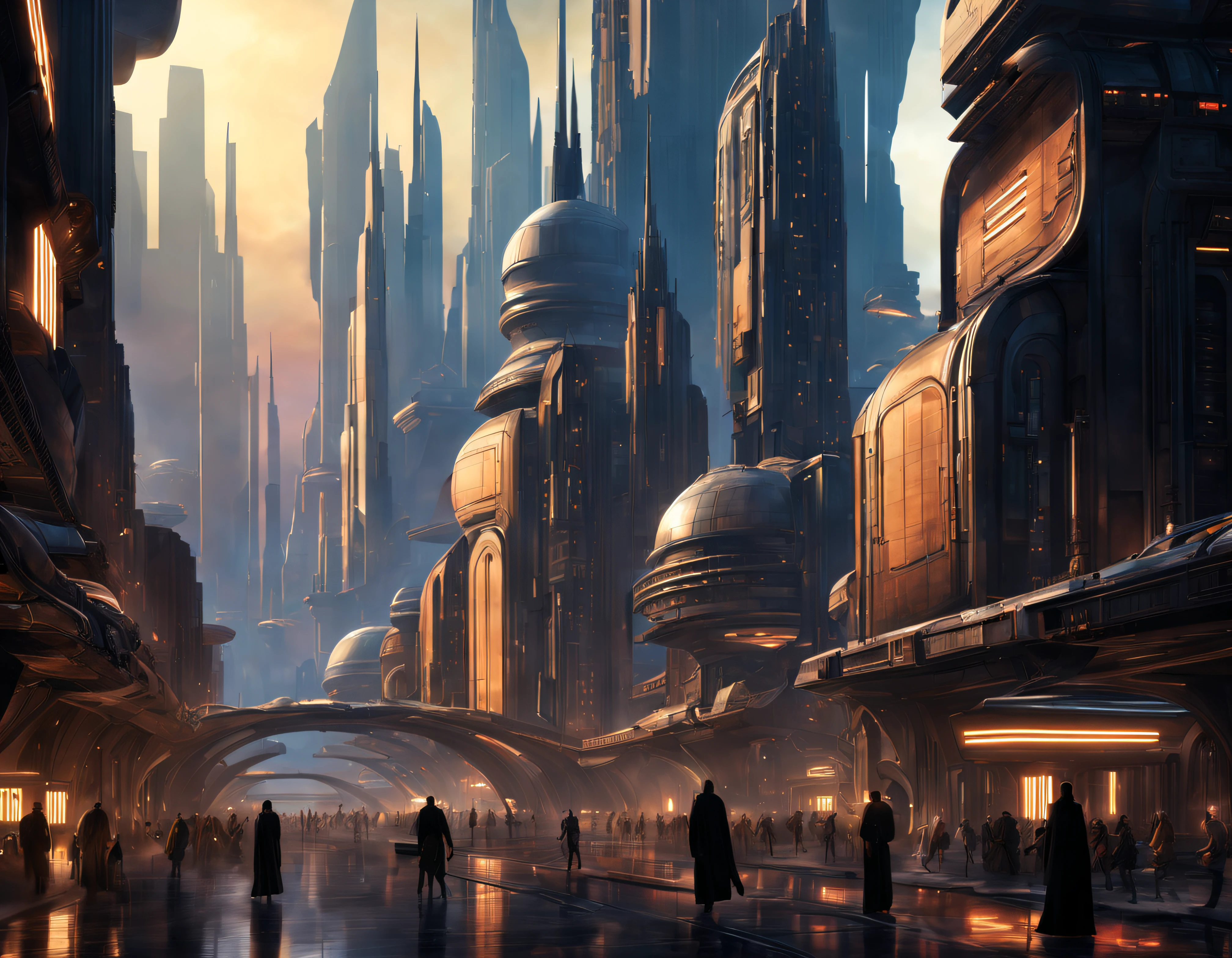 (The city of Coruscant from Star Wars as designed by Doug Chiang), futuristic fantasy city with immense buildings of technological design (que forman una avenida infinita), edificios compactor no difuminados con aspecto metalico, luces en ventanas en edificios, iluminacion diurna con sol, con estructuras acristaladas espectaculares, (con colores vivos). pavimento ensolado (sin brillo). gente paseando. imagen bien definida con muchos edificios juntos. imagen nitida bien definida 8k. los edificios llegan alta el fondo.,8k. imagen cinematografica