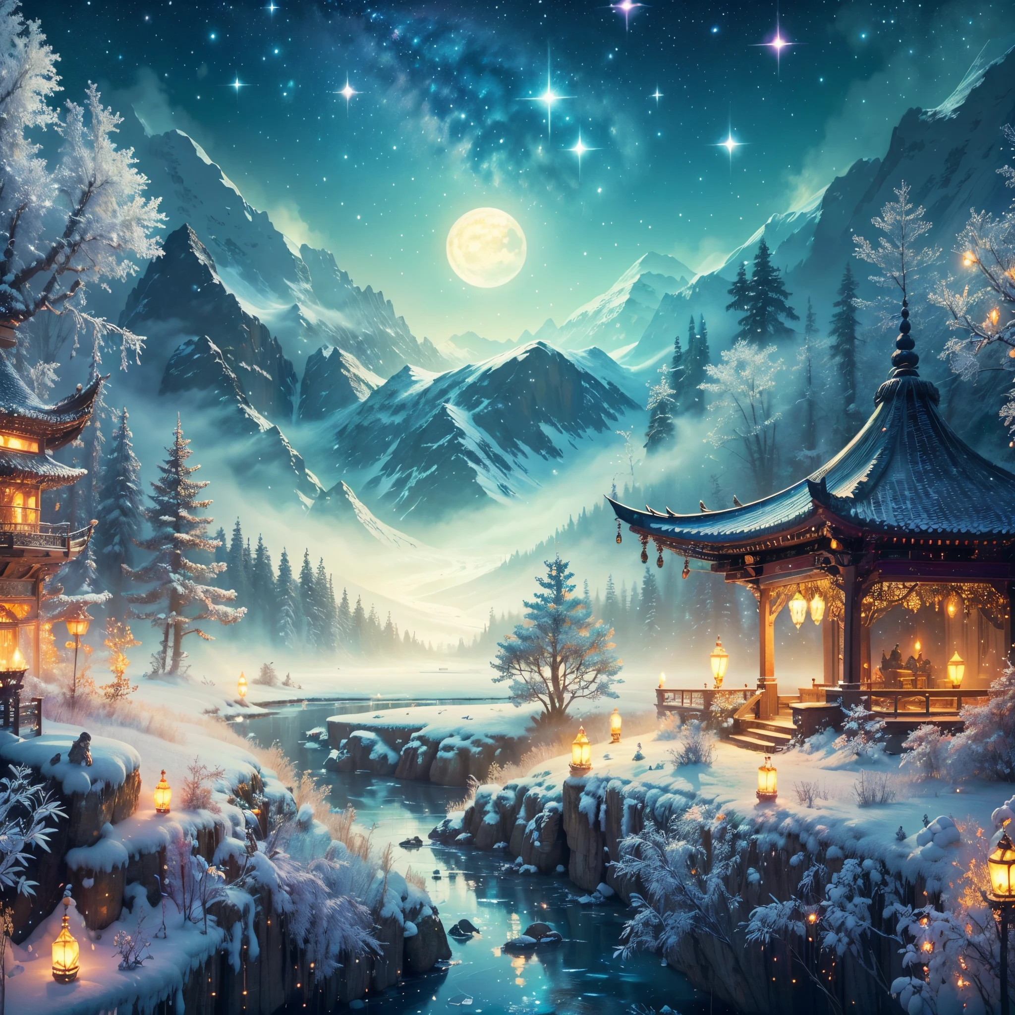 (tmasterpiece),（ultra - detailed：1.3），Best quality，(Sparkling: 1.2), (Winter wonderland in fantasy mythology: 1.4), ((Fresh, chill, mountains, white mist, , vastness, bamboo forest, frost flowers, diamonds, breeze, bamboo leaves, sounds of nature, lake, Ancient, pavilion, sacred, tranquil, peaceful, otherworldly, beautiful, tranquil, secluded, treasure, nature, magic, creativity)), illustration style, and decoration, dreamy winter wonderland, lovely design style, Evening, snowy field, full moon, bright colors, ((whimsical and charming fantasy)), surreal portrait, (fantasy-themed winter day), (whimsical wonderland), (colorful, mist-filled landscape), (enchanting , magical creatures), (a vibrant, mist-shrouded palace), (white cloud road), (rich, dreamlike colors), (twinking stars) elevated, (fourth-dimensional dreamland), (enchanting and enchanting atmosphere), (playful composition), (vivid lighting effects), 1.4x realism, ultra-high definition, displayed in this beautiful scene, （Very meticulous，Reasonable design，Clear lines，High- sharpness，tmasterpiece，offcial art，movie light effect，8K)