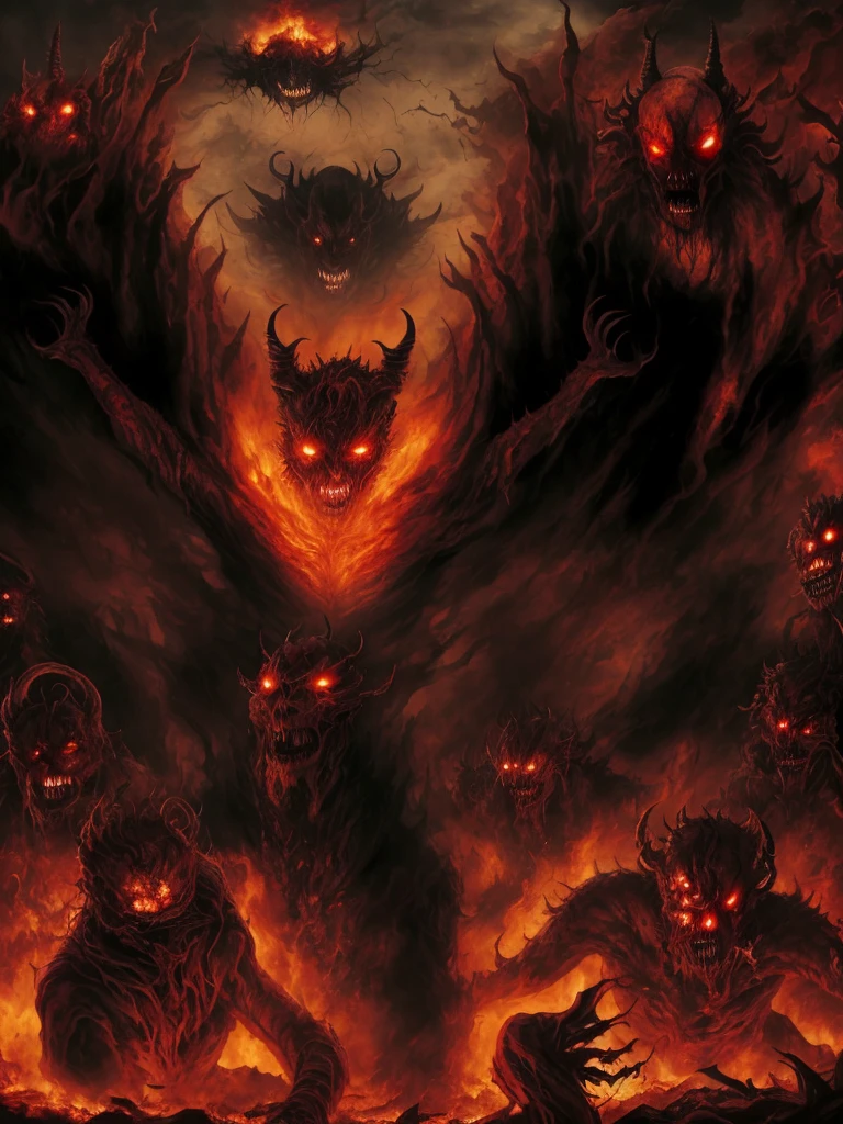 (Best quality at best,4K,8K,A high resolution,tmasterpiece:1.2),ultra - detailed,(actual,realistically,realistically:1.37),terror,Dark,natta,fiery,fearsome,satanic,grotesque,Distorted numbers,Dark Dark Shadows,Ominous atmosphere,Evil spirits,Scary faces,Vibrant colors,sharp corners,sharp talons,fiery red eyes,Hell scenery,dense smoke,threatening presence,Confusing combination,The beast from the darkest nightmare,Creatures crawling in the dark,Ogre'face emerging from shadows,The soul is tortured in pain,Hauntingly beautiful yet terrifying,nightmarish ghost,Terrible claws stretched out,horror and grotesque,The pain and despair in their eyes,Disturbing and chilling presence,face contorted by pain,Creepy and ominous silhouette,Death and destruction surround them,The macabre dance of the damned,Serpentine body,chaos and madness,horns and fangs,Hellfire and Hellwind,Scary symbols and runes,Hellfire burns in their eyes