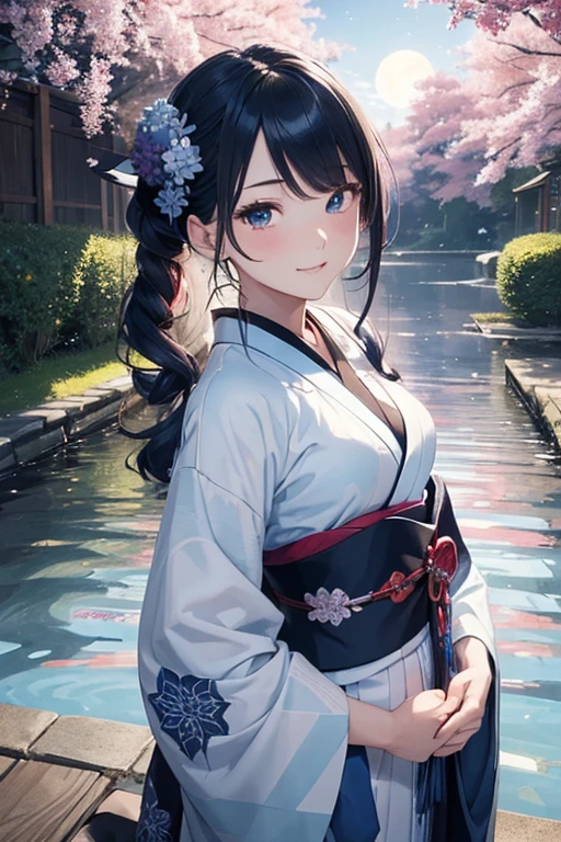 (ultra-detailed:1.3, master piece:1.3, best quality:1.3, high resolution:1.3)teenager, a innocent girl, beautiful face, jade eyes, eyes in highlight, catch light eyes, specular highlight eyes, beautiful breasts, dark-haired, ((long hair tied back) a smile, Abstract pattern of white and cyan waves on dark blue kimono) bright red hair ornament, shoot from front, a hydrangea, stream, night, a moon, riverside and road