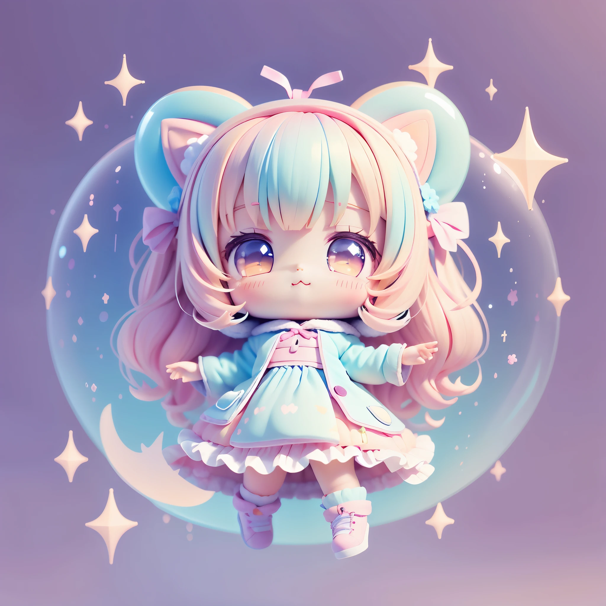 Chibi looked up, tilt, There are bubbles around, Kawaii Technology, kawaii, cute big breasts, pastelcolor, Best quality at best, cheerful, longer sleeves，Camera in hand