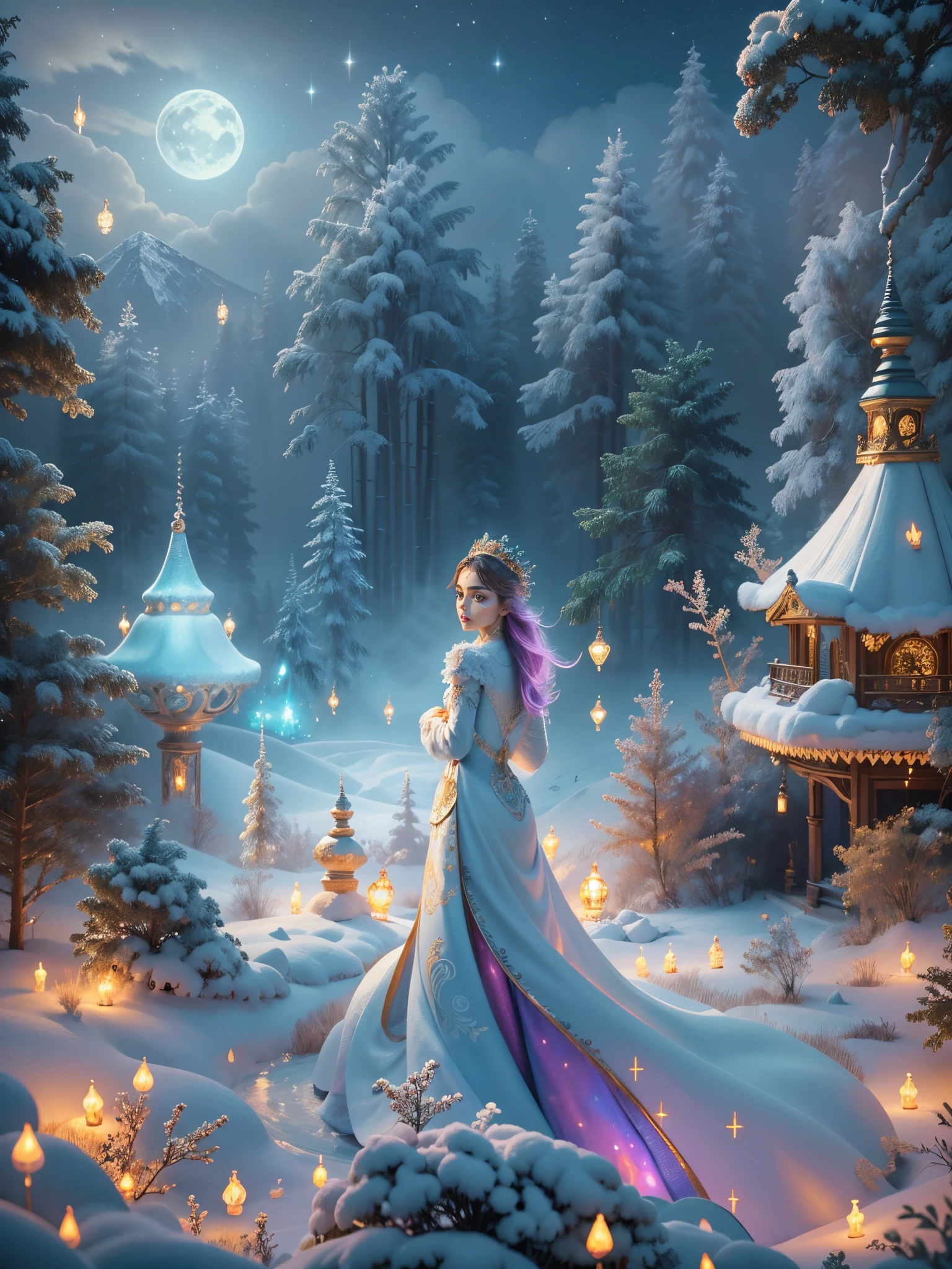 (tmasterpiece),（ultra - detailed：1.3），Best quality，(Sparkling: 1.2), (Winter wonderland in fantasy mythology: 1.4), ((Fresh, chill, mountains, white mist, , vastness, bamboo forest, frost flowers, diamonds, breeze, bamboo leaves, sounds of nature, lake, Ancient, pavilion, sacred, tranquil, peaceful, otherworldly, beautiful, tranquil, secluded, treasure, nature, magic, creativity)), illustration style, and decoration, dreamy winter wonderland, lovely design style, Evening, snowy field, full moon, bright colors, ((whimsical and charming fantasy)), surreal portrait, (fantasy-themed winter day), (whimsical wonderland), (colorful, mist-filled landscape), (enchanting , magical creatures), (a vibrant, mist-shrouded palace), (white cloud road), (rich, dreamlike colors), (twinking stars) elevated, (fourth-dimensional dreamland), (enchanting and enchanting atmosphere), (playful composition), (vivid lighting effects), 1.4x realism, ultra-high definition, displayed in this beautiful scene, （Very meticulous，Reasonable design，Clear lines，High- sharpness，tmasterpiece，offcial art，movie light effect，8K)