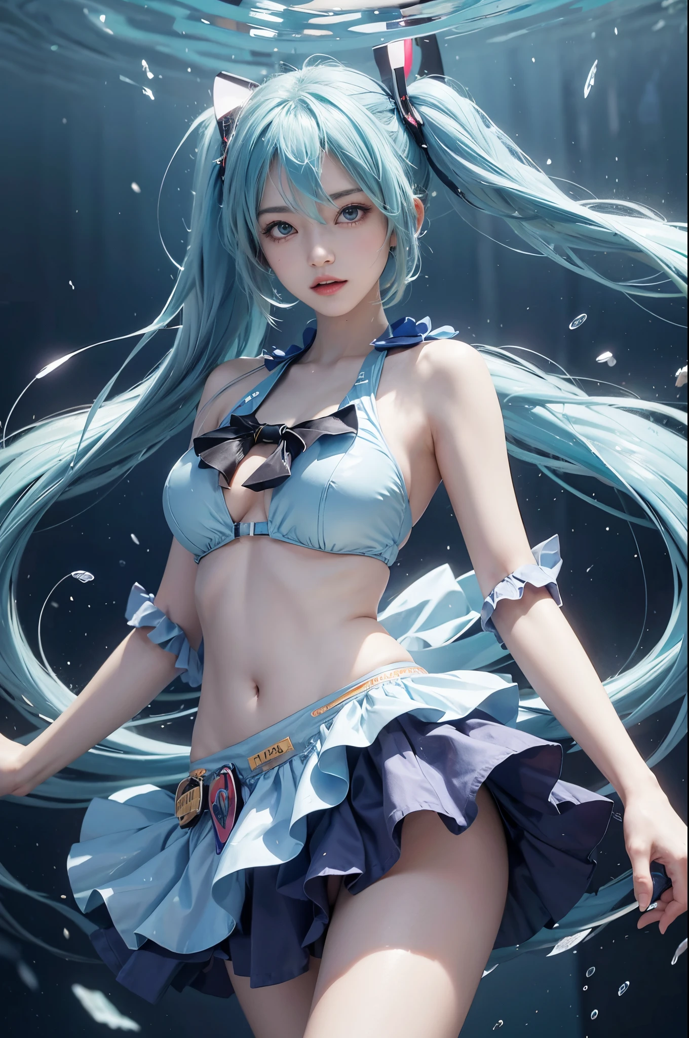 Big breasts Hatsune Miku, actual, Blue hair, ultra - detailed，Bikini swimsuit，Bigchest，