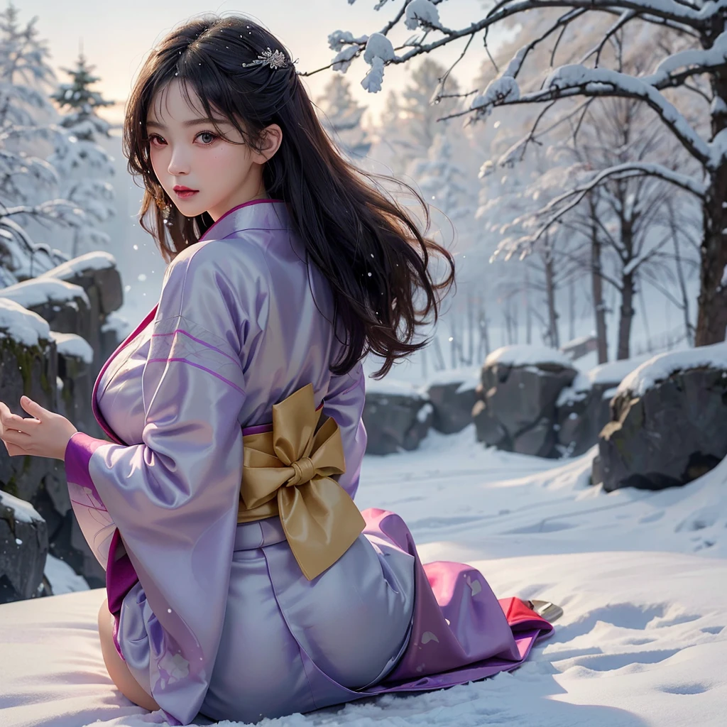 (Purple kimono)、(Pose on all fours with buttocks sticking out)、(top-quality,masterpiece:1.3,超A high resolution,),(ultra-detailliert,Caustics),(Photorealsitic:1.4,RAW shooting,)Ultra-realistic capture,A highly detailed,high-definition16Kfor human skin、 Natural Skin Texture、、The skin looks healthy with an even tone、 Use natural light and color,One Woman,japanes,,kawaii,A dark-haired,very big hair,(depth of fields、chromatic abberation、、Wide range of lighting、Natural Shading、)、(Falling snow:1.2)、(Hair swaying in the wind:1.2)、(Snow reflects light:1.1)、panty shot from behind、Cleavage can be seen through the exposed kimono、Legs visible through exposed kimono(Red garter belt)