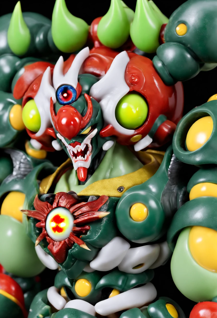 Green body,Unpleasant face,wide open eyeballs,bloodshot eyes,arms are made of tufts of hair,body like orlonge,skin head,yellow fang,short-legged,