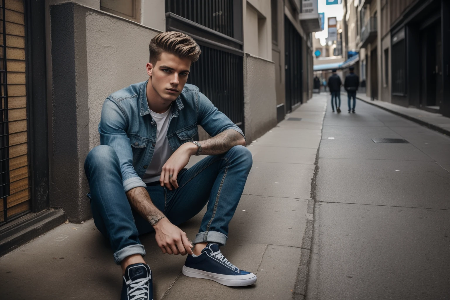 A full-body confident 25-years old white-skin male model in a blue jeans, poising on a street, medium: photo hyper-realism, style: edgy street fashion meets contemporary art, lighting: dramatic contrast with a mix of artificial and natural light, coloroled and gritty with a focus on the textures of the man and street, composition: Nikon D850, AF-S NIKKOR 50mm f/1.8G lens, Resolution 45.7 megapixels, ISO sensitivity: 200, Shutter speed 1/125 second, close-up shot with a focus on the full body, street art as a backdrop --ar 16:9 --v 5.1 --style raw --q 2 --s 750