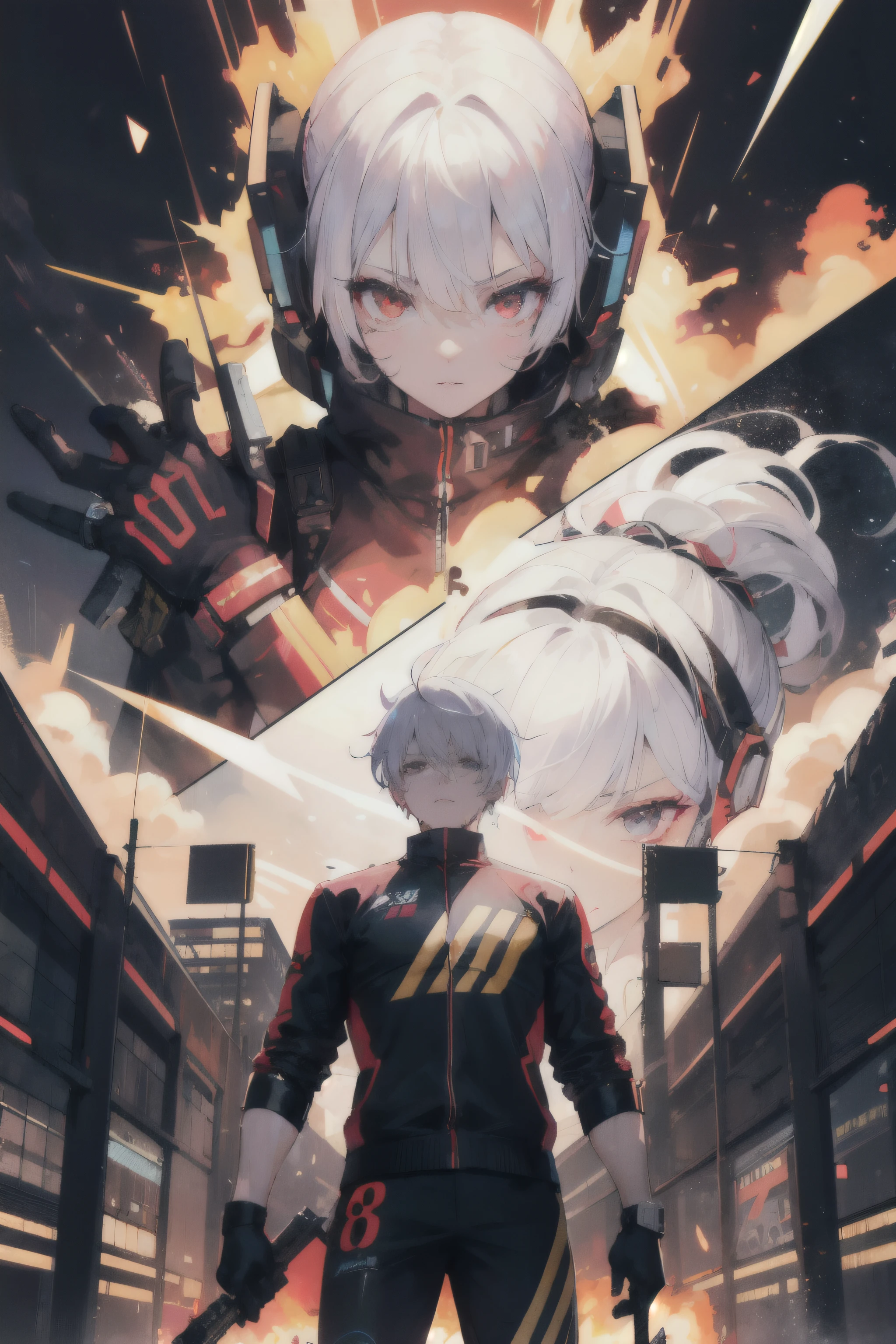 a cyberpunk male character with a blazing explosion background holding a modern weapon and white hair wearing a black gold jersey that has revs writing. 8k quality and has a light shine