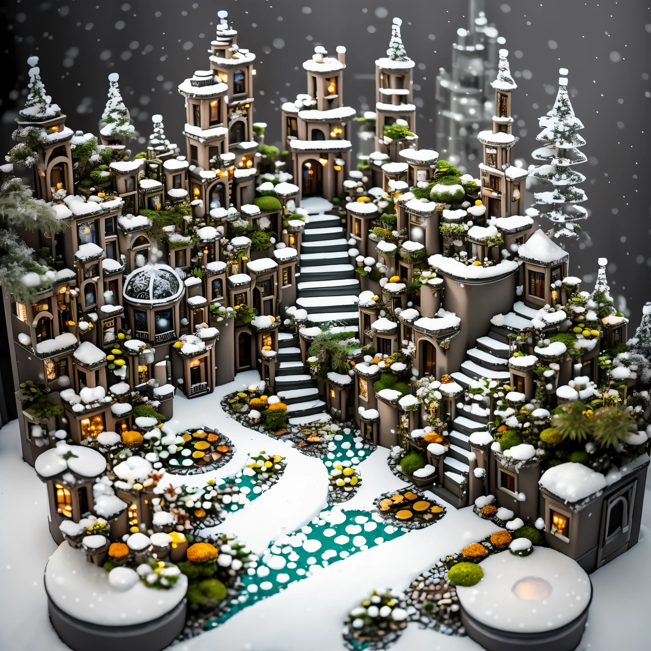 (RAW Photos, Best Quality), (animesque:1.2), Drawing of a building with a clock tower, (MC Escher Architecture), trickart, trompe l'oeil, (((snowscape:1,9, clock tower and stairs))), (((Snow is piled up, miniature garden:1.5))), Highly detailed, Photography, masutepiece, High quality, High quality, hight resolution, Professional Lighting,