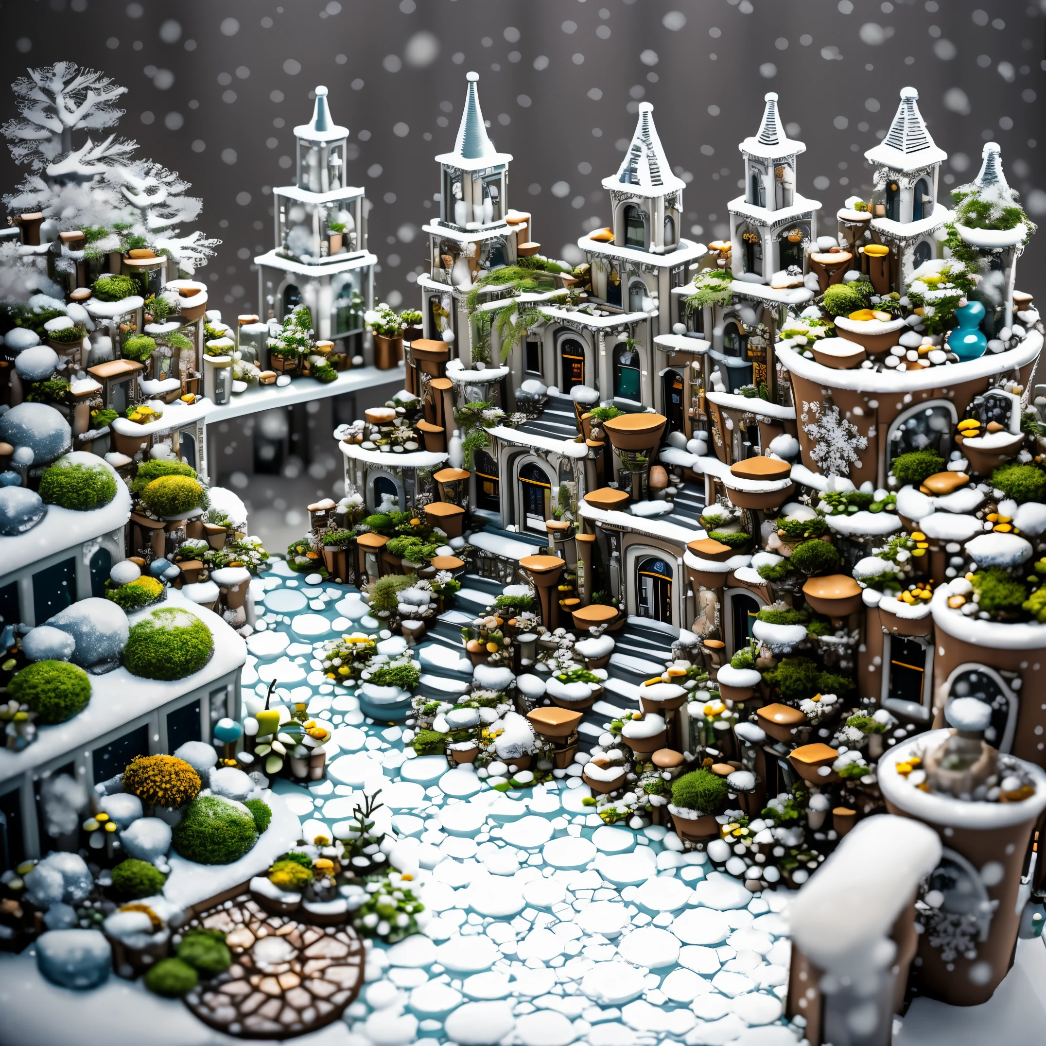 (RAW Photos, Best Quality), (animesque:1.2), Drawing of a building with a clock tower, (MC Escher Architecture), trickart, trompe l'oeil, (((snowscape:1,9, clock tower and stairs))), (((Snow is piled up, miniature garden:1.5))), Highly detailed, Photography, masutepiece, High quality, High quality, hight resolution, Professional Lighting,