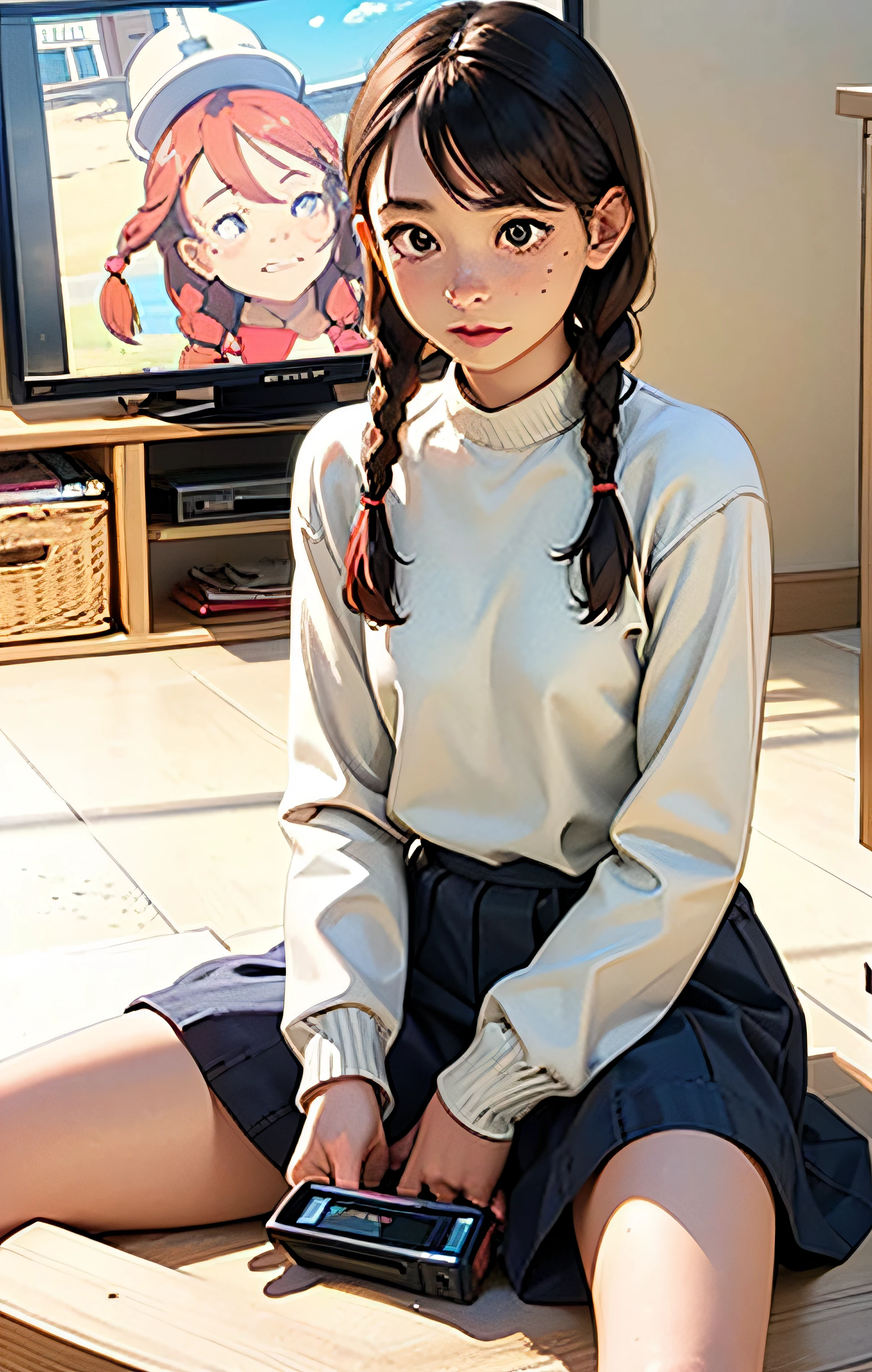 girl playing video games. (red twin braids) freckle ()