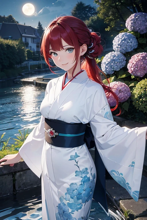 (ultra-detailed:1.3, master piece:1.3, best quality:1.3, high resolution:1.3)teenager, a innocent girl, beautiful face, jade eyes, eyes in highlight, catch light eyes, specular highlight eyes, beautiful breasts, dark-haired, ((long hair tied back) a smile, dark blue kimono, Abstract pattern of white and cyan waves ) bright red hair ornament, shoot from front, a hydrangea, stream, night, a moon, riverside and road