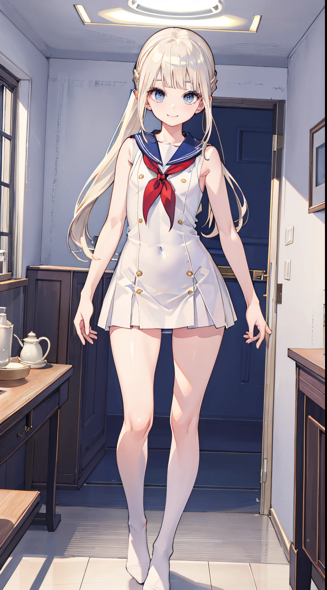 top-quality、realistic touch,high-detail、photoRealstic、long body、thin-waist、captive beauty、big eye、Strong platinum blonde eyelashes、platinum-blond、full body Esbian、Sparkling eyes、Submissive smile、Flushed cheeks、Kamimei、thin-waist、Voluptuous thighs、Enraptured look、Raked bangs、The forehead is protruding、a sailor suit、sleeveless、Inside a room、 girl、pony tail hairstyle、standing、clothes with wide open sides