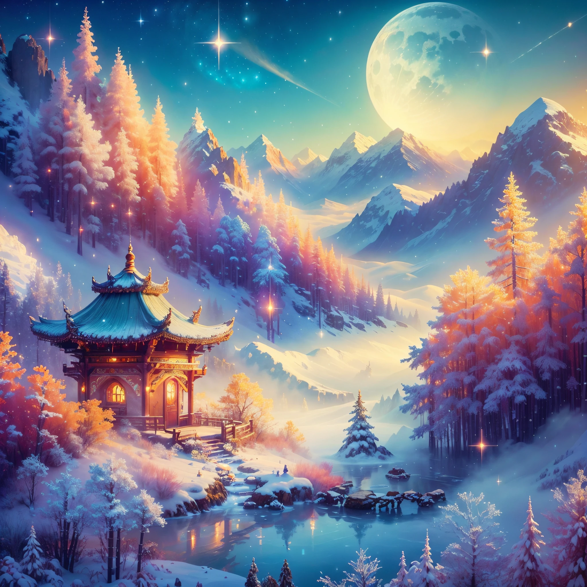 (tmasterpiece),（ultra - detailed：1.3），Best quality，(Sparkling: 1.2), (Winter wonderland in fantasy mythology: 1.4), ((Fresh, chill, mountains, white mist, , vastness, bamboo forest, frost flowers, diamonds, breeze, bamboo leaves, sounds of nature, lake, Ancient, pavilion, sacred, tranquil, peaceful, otherworldly, beautiful, tranquil, secluded, treasure, nature, magic, creativity)), illustration style, and decoration, dreamy winter wonderland, lovely design style, Evening, snowy field, full moon, bright colors, ((whimsical and charming fantasy)), surreal portrait, (fantasy-themed winter day), (whimsical wonderland), (colorful, mist-filled landscape), (enchanting , magical creatures), (a vibrant, mist-shrouded palace), (white cloud road), (rich, dreamlike colors), (twinking stars) elevated, (fourth-dimensional dreamland), (enchanting and enchanting atmosphere), (playful composition), (vivid lighting effects), 1.4x realism, ultra-high definition, displayed in this beautiful scene, （Very meticulous，Reasonable design，Clear lines，High- sharpness，tmasterpiece，offcial art，movie light effect，8K)