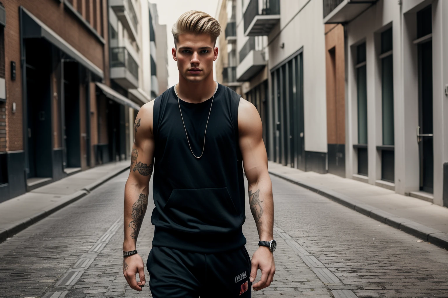 North American man, 19 years old, strong bodie, tattoos on the arm, slightly wavy blonde hair in a medium undercut, wears a sleeveless sweatshirt