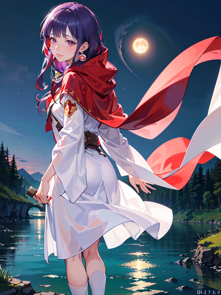 ((((DQ2 Moonberg Princess)))), ((1little girl)), 13years, (((deep purple hair))), ((Blunt bangs)), (Fluffy long hair), (Deep red eyes), ((((red hood)))), (Lotto emblem on the hood), (((purple red stole))), Pearl earrings, (((White robe with red edging))), ((drooing eyes)), Holding a magic wand in his left hand, 

((By the river)), Crescent, Healing Magic, Ruined castle, sadness,
photographrealistic, Sense of depth, Absurd resolution, High resolution, 8K, 4K, detail, Best Quality, (Raw photo, Best Quality, masters:1.2), (Realistic, Photorealsitic:1.37), ultra-detailliert,
Smile, Looking at the camera, full-face blush, sad, (Walking), (Looking back), Angle from back, Full body shot,