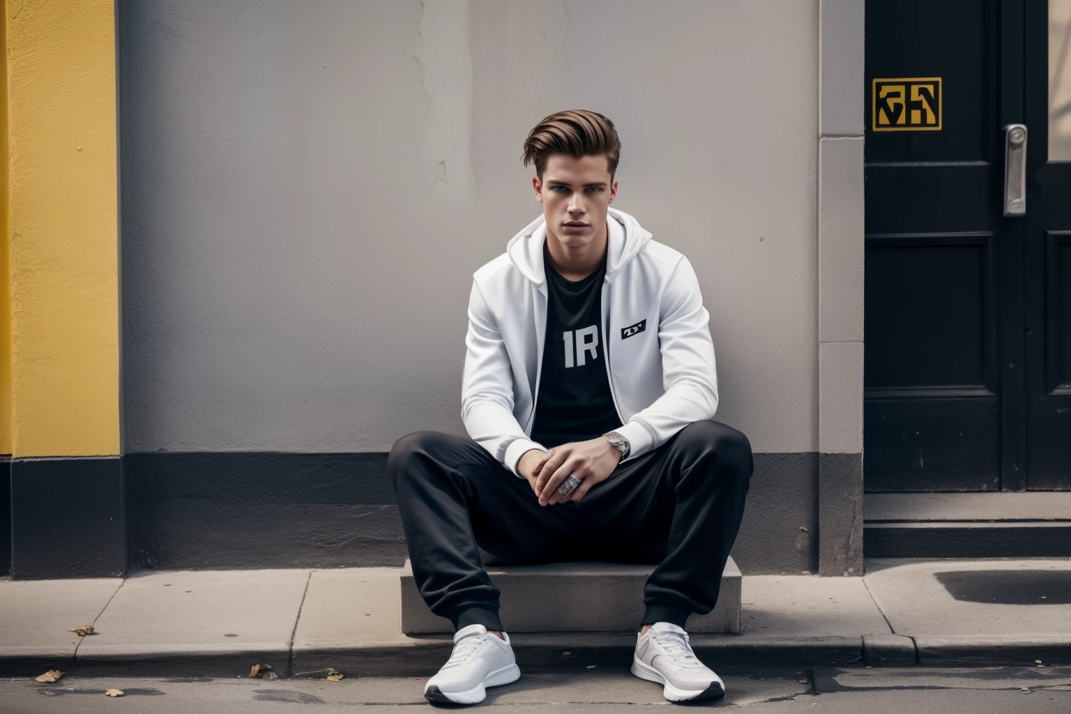 A full-body confident 25-years old white-skin male model in a sweatpants, poising on a street, medium: photo hyper-realism, style: edgy street fashion meets contemporary art, lighting: dramatic contrast with a mix of artificial and natural light, coloroled and gritty with a focus on the textures of the man and street, composition: Nikon D850, AF-S NIKKOR 50mm f/1.8G lens, Resolution 45.7 megapixels, ISO sensitivity: 200, Shutter speed 1/125 second, close-up shot with a focus on the full body, street art as a backdrop --ar 16:9 --v 5.1 --style raw --q 2 --s 750