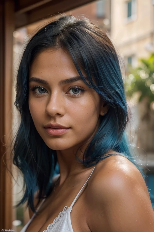 (best quality, 4K, High resolution, best details, Masterpiece: 1.2), tanned skin, beautiful ultra-detailed, (Realistic, photorealistic, photo-realistic: 1.37), photorealistic, Best quality, hyper detailed, Fine line, Beautiful Italian and Venezuelan fitness girl , 23-year-old, ELEGANTE and DELICATE face and body, European skin Lightened, 90D shape,1,68 meters, symmetric face, blue hair!!!, Almond blue eyes, full lips