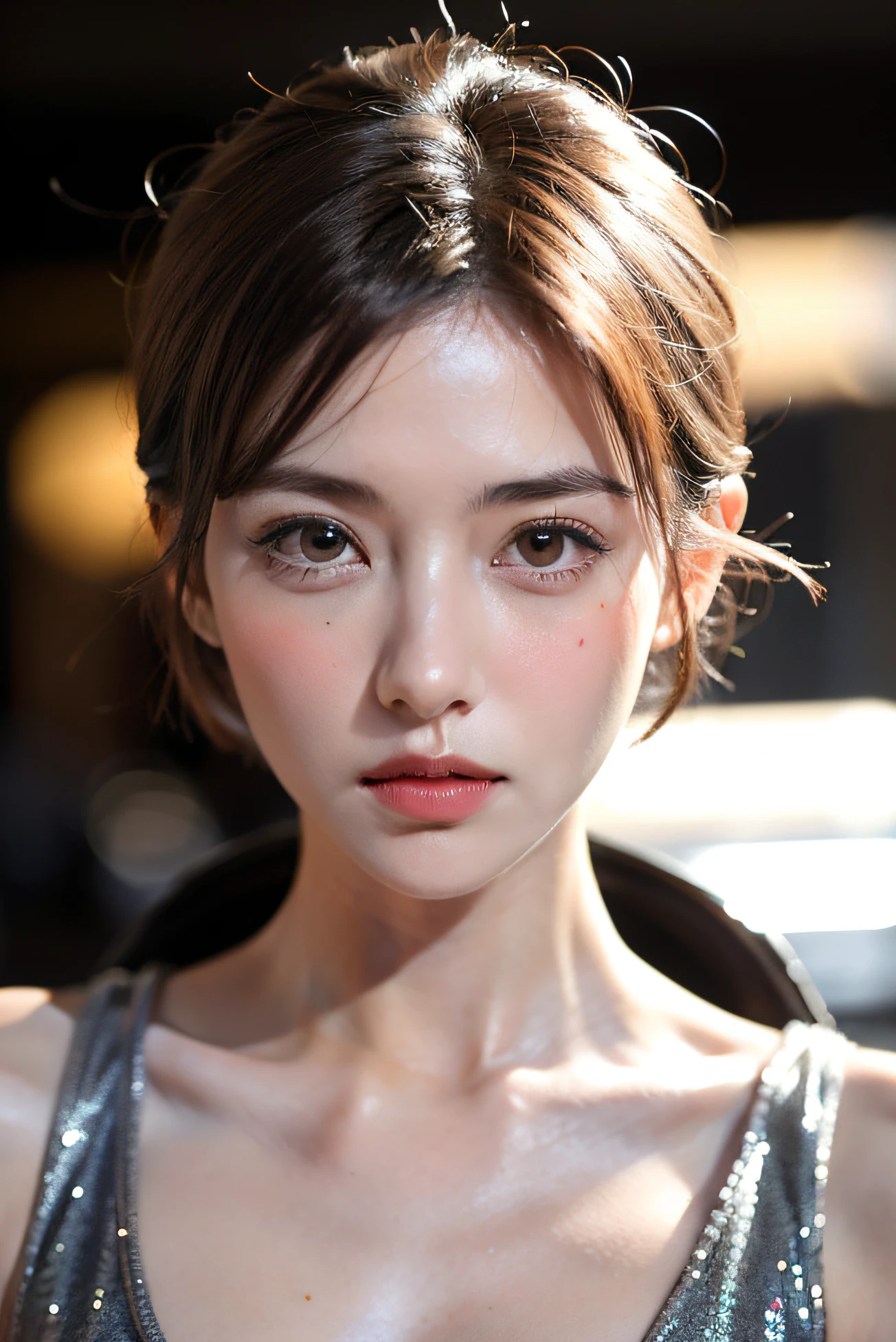 Girls with short hair are handsome，The eyes are red，Silver-gray hair，The expression is slightly serious，Lift your head slightly，staring in the camera，Abandoned factory background，4K Ultra Clear，clear skin texture，oda&#39;oda&#39;A little starlight in the environment