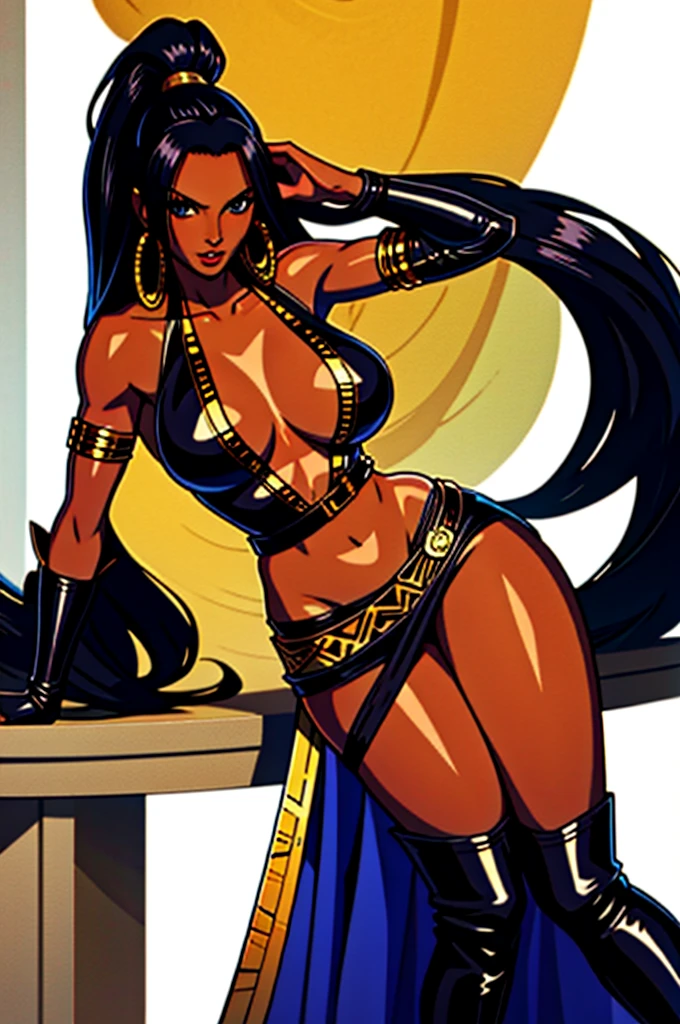 (realistic, masterpiece, best quality, ultra-detailed, full body), boa hancock, 1girl, mature, solo, statuesque, long black hair, ((wide hips, tan, tanned, amazoness, dark skinned, dark skin, sunburnt)), jewelry, tall, earrings, large breasts, long legs, blue eyes,muscular thick thighs. silk halterneck dress, see-through middle, (leather thighhigh boots), sheer elbow gloves, thick lips, armlet, detailed face, detailed eyes, detailed body, detailed clothes, composition.