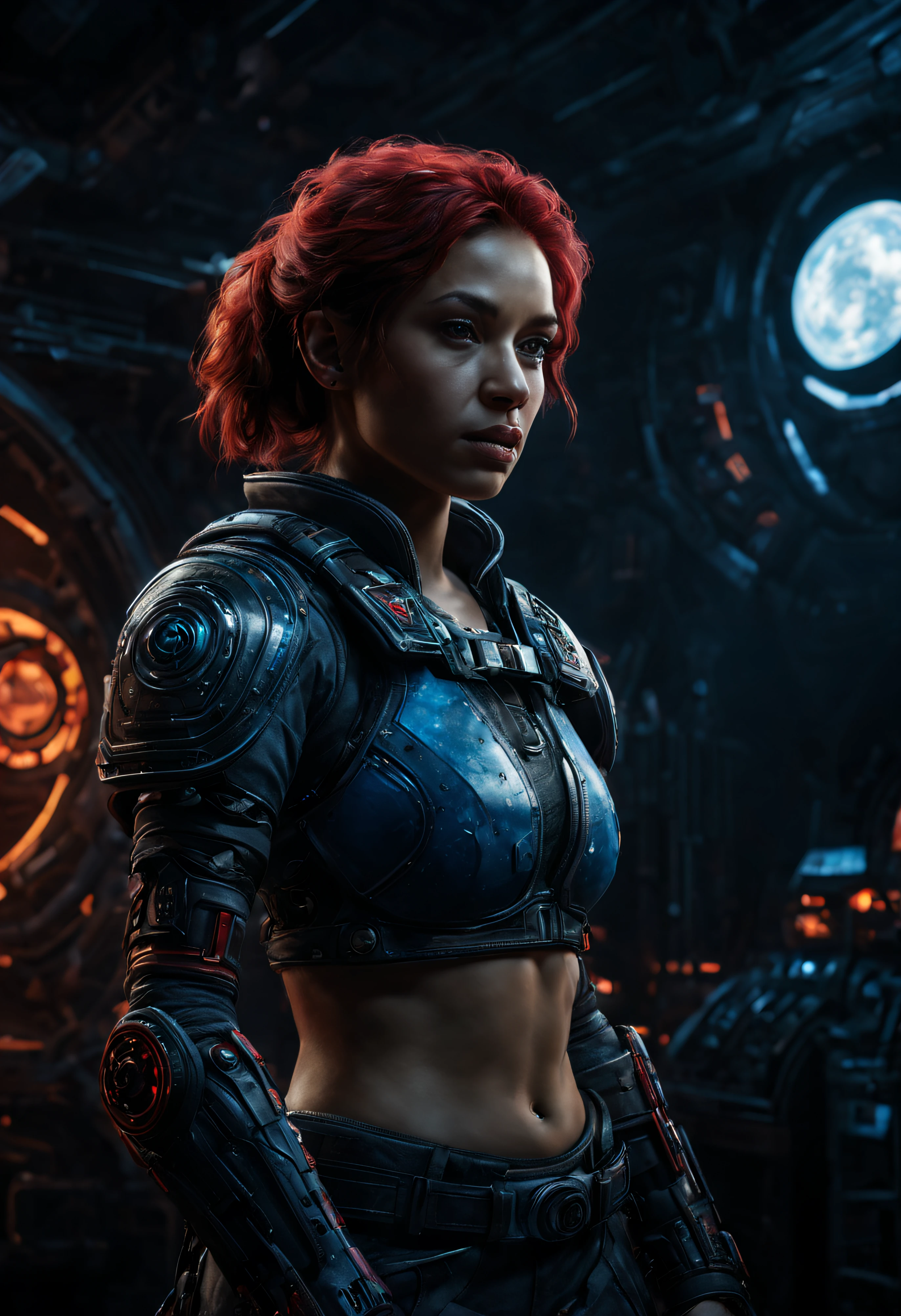 detallado, colores planos solamente, illustration, arte lineal, mejor calidad, antecedentes detallados, primer plano de una joven, guerrera espacial, con uniforme estilo gears of war con minifalda muy corta, piernas musculadas, cabello pelirrojo , trenzas gemelas, tatuajes, actitud dinamica, en el centro de control de nave espacial con instrumentos y ordenadores y luces led de diferentes colores muy tecnologico, sidelit, dramatic illumination, sombras profundas, imagen nitida bien definida 8k. los edificios llegan alta el fondo.,8k. imagen cinematografica, renderizado 3d. (detalles intrincados de la maquina)