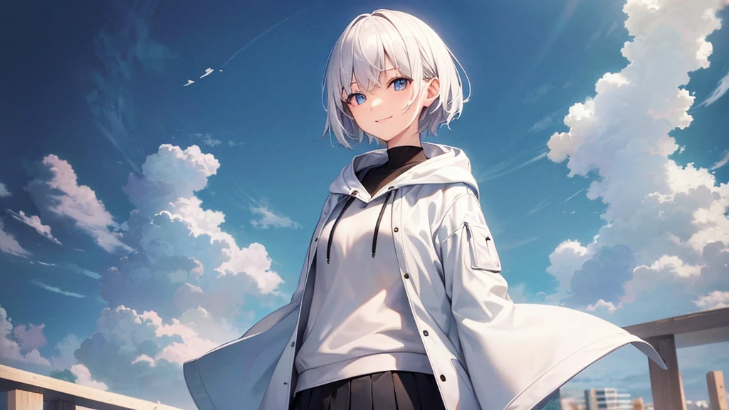 Ultra-high image quality,Look at viewers, hands behind back, girl with, 20 years old, Very short hair, long bangs between eyes, pale blue eyes, Hoodie, Skirt , Extremely detailed,(​masterpiece、top-quality),White hair、A smile、Fantastical, Silver hair, Black eyes,  Hoodie, White hoodie,a black skirt,Hair is short,White jacket, Casual style,Open jacket,  Cowboy Shot、Fluttering hair、a small face、Bright smile、(Detailed face) ,profetional lighting,fantastic landscape,Blue sky, Sunlight,look down from above,portraitures