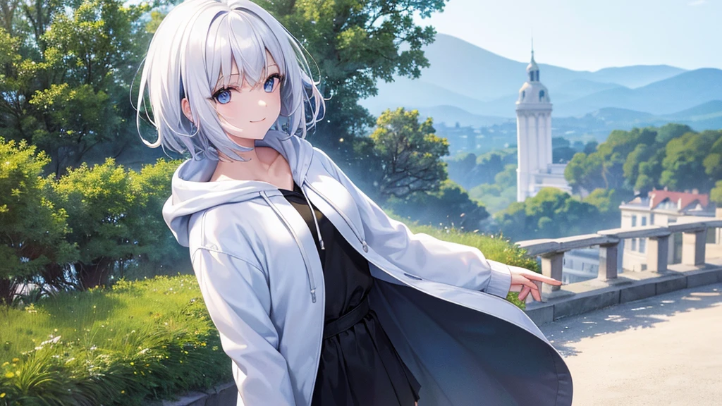 Ultra-high image quality,Look at viewers, hands behind back, girl with, 20 years old, Very short hair, long bangs between eyes, pale blue eyes, Hoodie, Skirt , Extremely detailed,(​masterpiece、top-quality),White hair、A smile、Fantastical, Silver hair, Black eyes,  Hoodie, White hoodie,a black skirt,Hair is short,White jacket, Casual style,Open jacket,  Cowboy Shot、Fluttering hair、a small face、Bright smile、(Detailed face) ,profetional lighting,fantastic landscape,Blue sky, Sunlight,look down from above,portraitures