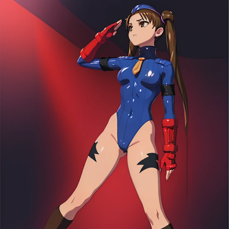 Masterpiece, Best Quality, Highly detailed, illustration, absurdres, street fighter, doll suit, shadaloo doll, agent aika, girls, multiple girls, expressionless, blank eyes, looking at viewer, red gloves, emotionless, black latex, corrution, mind control, female combatant, full body, hypnotized, unhappy trance, full body suit, leotard, perfect female body, extremely glossy latex, Delmo Uniform, belt, hypnosis, hypnoLora, empty eyes, Mind control device, thigh high, poses, submissive_pose, visor, masturbation, standing, standing at attention, stand straight, Slave, collar, gang bang, haigure, slave oufit, full tight leg, black delmo uniform, rubber bodysuit, extending the right arm from the shoulder into the air with a straightened hand, black lipstick, nazi saluting, military, military saluting, salute, Stellvia of the Universe, Katase Shima, brown hair, brown eyes, twin tails, war background