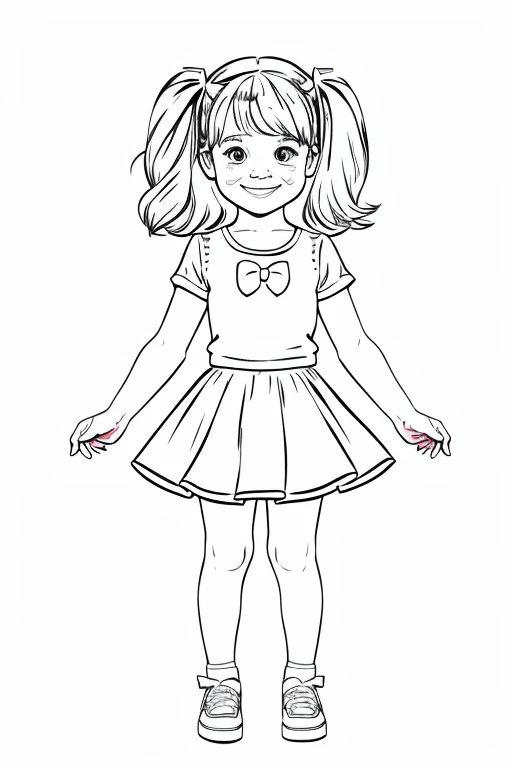 childrens coloring book page, cartoon modern, cheerful girl, full body, bow line art, childrens coloring book, white background, no dither, no gradient, no fill, vector illustration