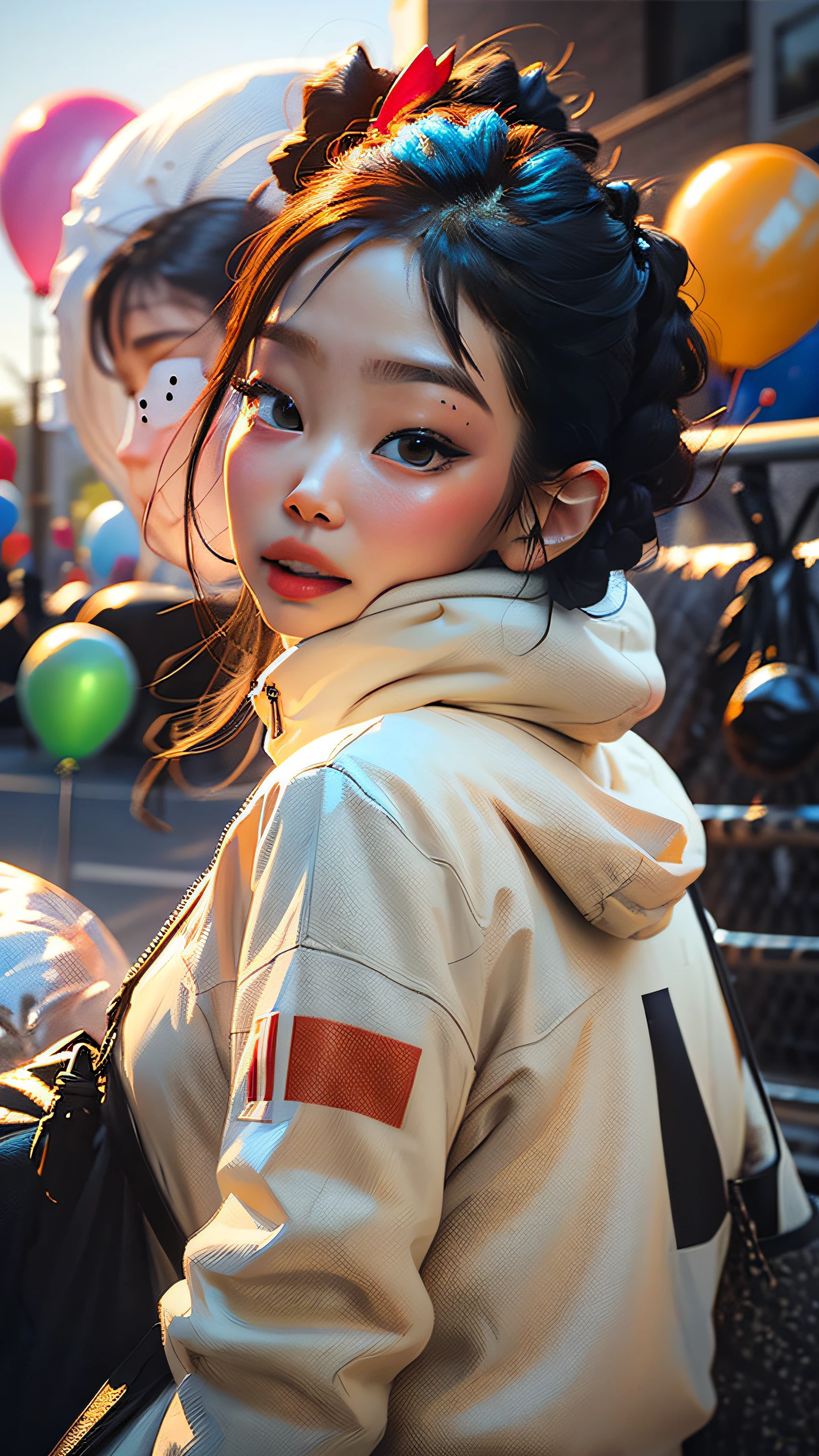 girl, beautiful and cute, yellow jacket, white sweatshirt, lots of colorful balloons, baby face, chibi style, red and blue two-color hair, ponytail braided hair, perfect detail eyes, delicate face, perfect CG, HD picture quality, colorful balloons, sky, a white truck parked in front of a building, Jennie kim,