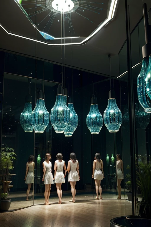 a group of people that are standing in front of a mirror, inspired by Bruce Munro, interactive art, full of greenish liquid, tiny people walking below, blue lamps on the ceiling, floating in perfume