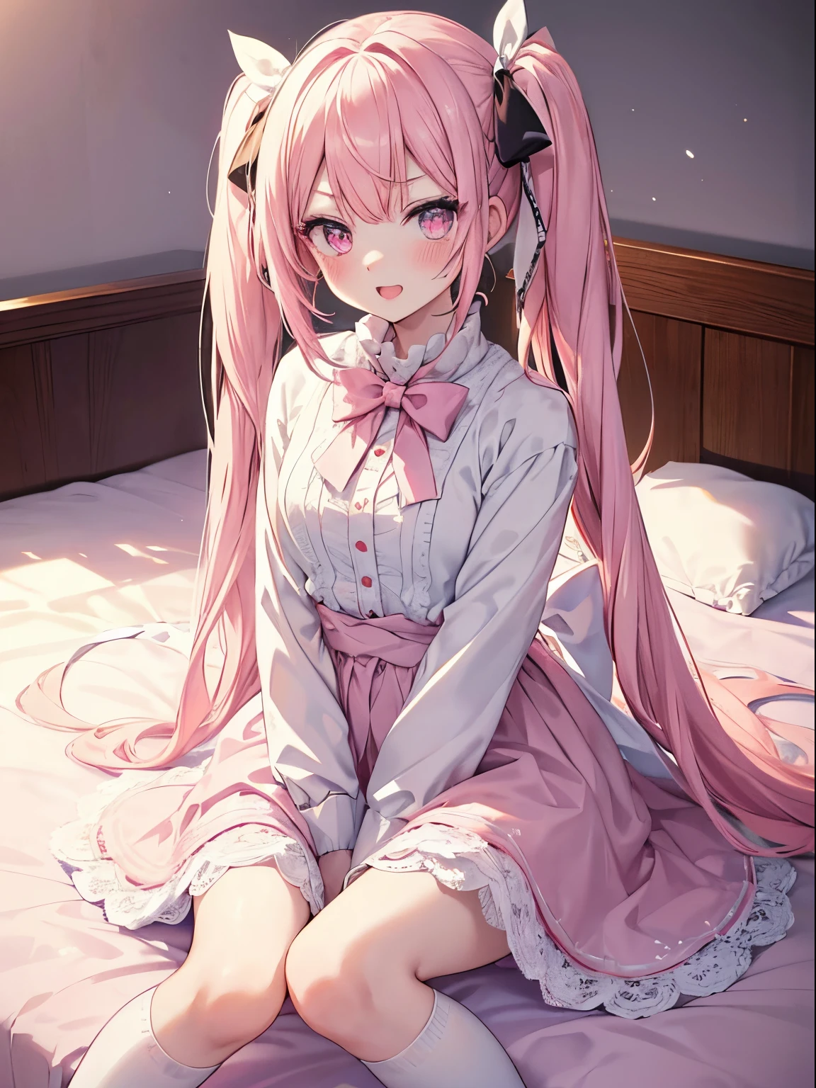 masutepiece, Best Quality, 1girl in, (Karen Stadtfilt),Pink hair, (Green eye:1.2),((weddingdress))、((robe blanche))、length hair、((embarassed expression))、((Bedroom))、((long boots))、((a miniskirt))、((pantyhose))、