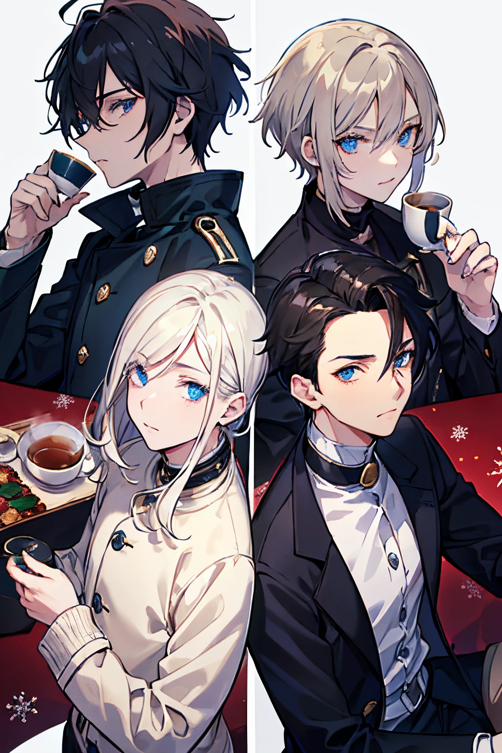 male people A dark-haired blue eyess coat sweater lux slacks long boots Christmas cake and tea masterpiece Top image quality denoise Clear cinematic shadow Increased attractiveness of the eyes Clear the shine of the eyes Draw eyelashes neatly Perfect Eye A detailed eye Sharpen image quality Sharpen eye writing Clear eye shape