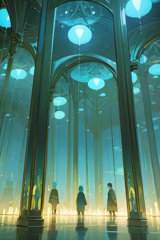 a group of people that are standing in front of a mirror, inspired by Bruce Munro, interactive art, full of greenish liquid, tiny people walking below, blue lamps on the ceiling, floating in perfume