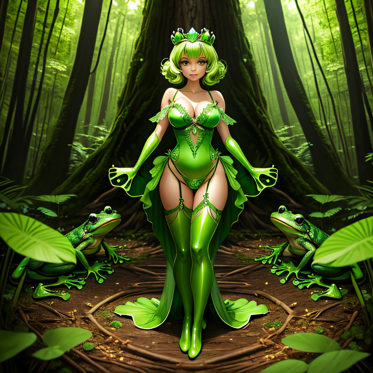 A frog princess, greatly resembling pais hilton is dressed in sheer green lingerie. She has big treen frog hands and feet. She is acting seductive. She is in a forest a morning. full body shot, show her entire body