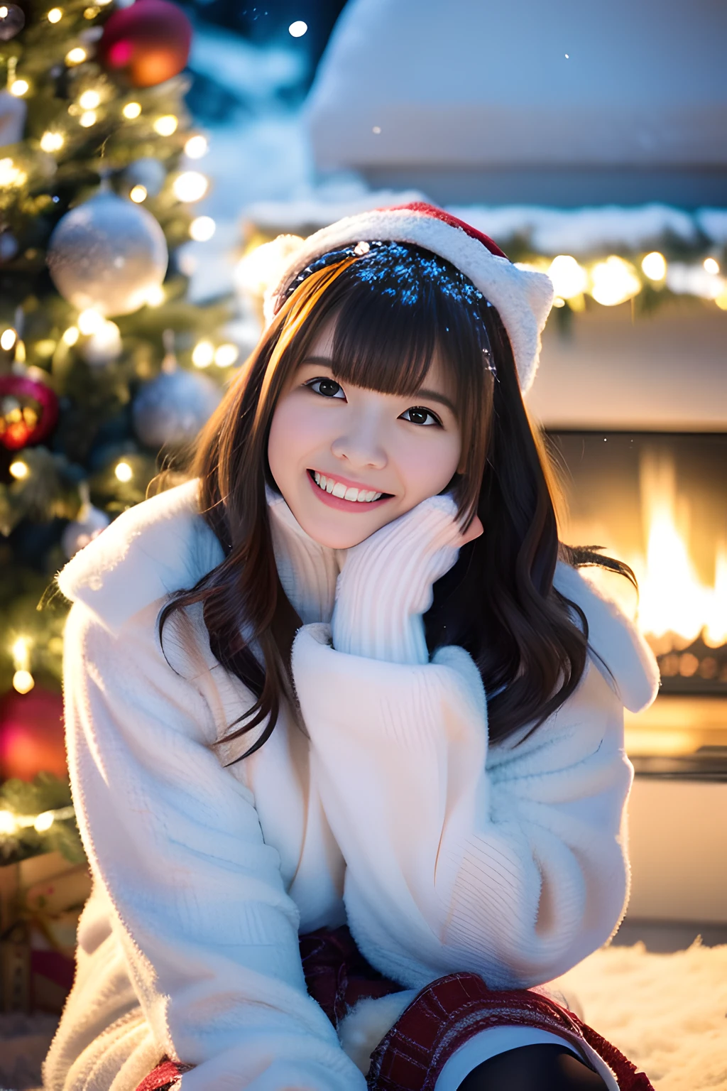 (Best Quality,4K,hight resolution,masutepiece:1.2),Realistic,Christmas, (20 years old),Hugging a big teddy bear,stuffed animal,Wear warm clothes,Snow falling in the background,Winter wonderland,Joyful expression,Magical atmosphere,Soft lighting,Vivid colors,Happiness,laught,Welcoming environment,Warmth,Smiling eyes,Curly hair,Shimmering decoration,Twinkling lights,toy train set,wrapped present,Rooftop with Santa Claus and reindeer flying in the distance,magic snowflake,christmas tree with ornaments,log cabin,curl up near the fireplace,Peace and quiet,Excitement and anticipation,Snowy landscape,Innocence,Enchanted moments,Playful laughter,Upholstered stockings,Holiday spirit,love and togetherness.thighs thighs thighs thighs