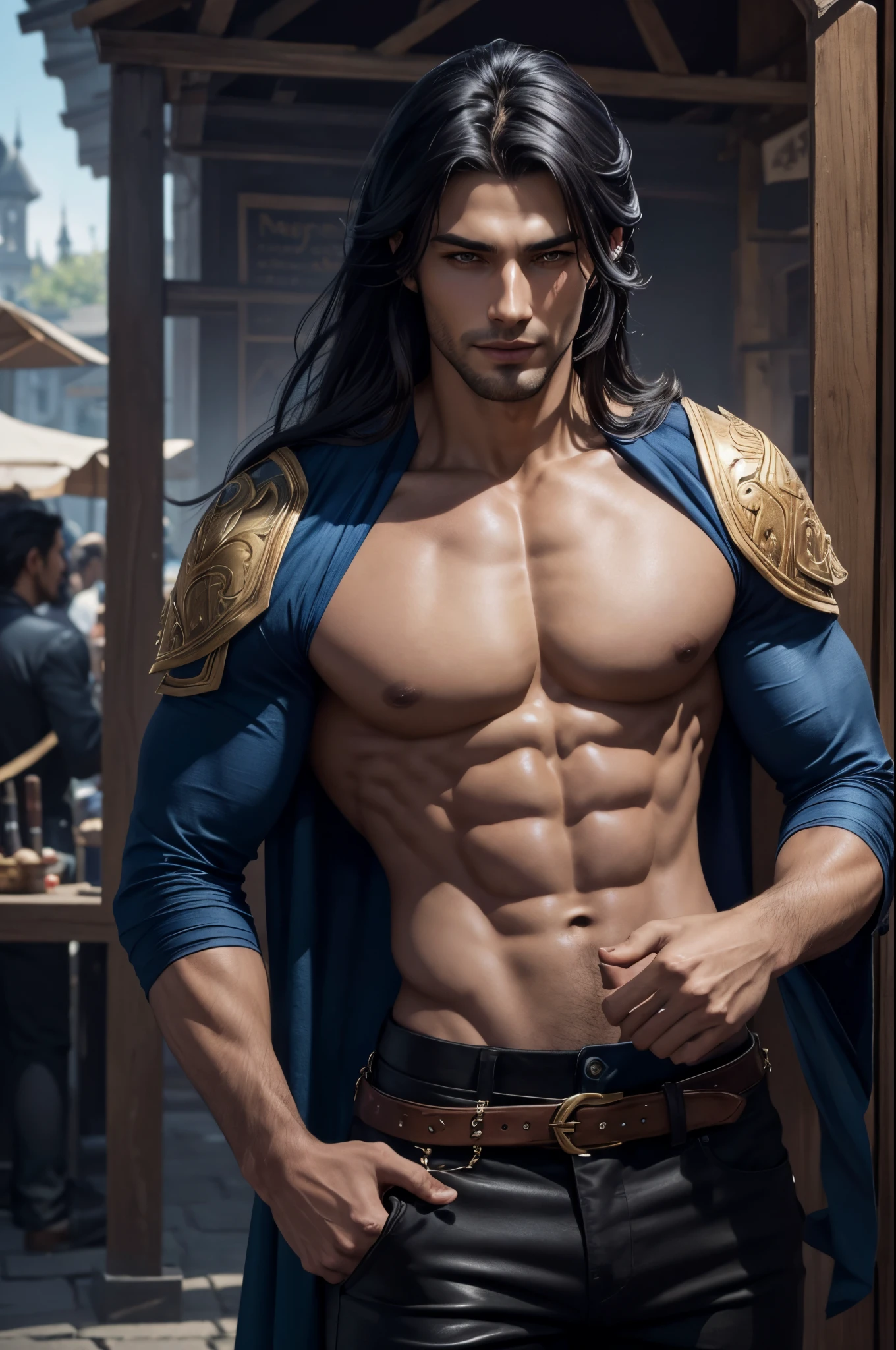 8K,Close-up of a devil wearing a blue and black shirt, beautiful young devil, Super handsome(Like the real thing)super realistic skin,Young men,blue-black long hair,graphic artist magali villeneuve, very stylish fantasy black pants,Stunning character art, epic exquisite character art, arsen lupine, River Male, ,Colored men,medieval street stalls,Big smile,Humorous,lean body muscles,super handsome young man,