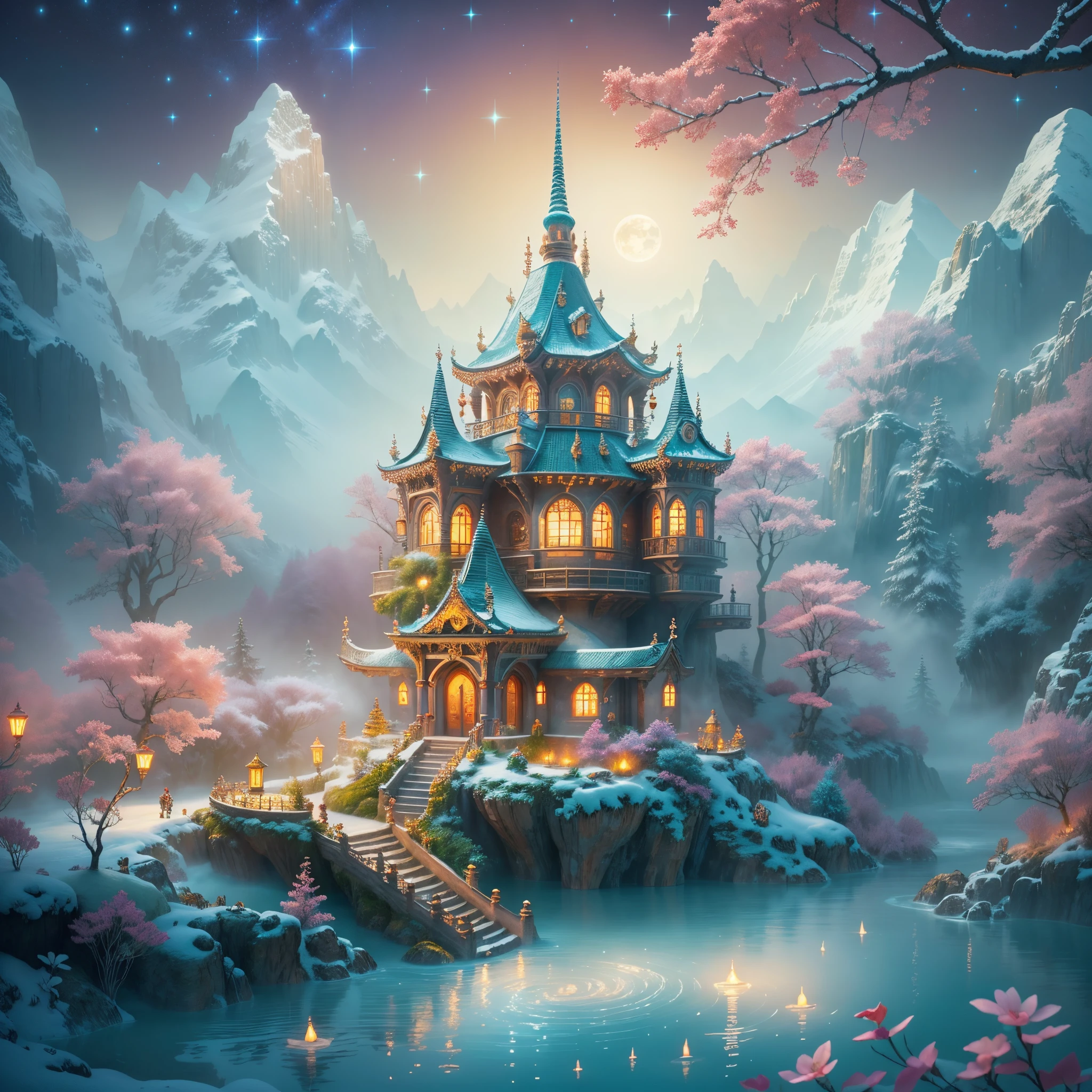 (tmasterpiece),（ultra - detailed：1.3），Best quality，(Sparkling: 1.2), (Winter wonderland in fantasy mythology: 1.4), ((Fresh, chill, mountains, white mist, , vastness, bamboo forest, frost flowers, diamonds, breeze, bamboo leaves, sounds of nature, lake, Ancient, pavilion, sacred, tranquil, peaceful, otherworldly, beautiful, tranquil, secluded, treasure, nature, magic, creativity)), illustration style, and decoration, dreamy winter wonderland, lovely design style, Evening, snowy field, full moon, bright colors, ((whimsical and charming fantasy)), surreal portrait, (fantasy-themed winter day), (whimsical wonderland), (colorful, mist-filled landscape), (enchanting , magical creatures), (a vibrant, mist-shrouded palace), (white cloud road), (rich, dreamlike colors), (twinking stars) elevated, (fourth-dimensional dreamland), (enchanting and enchanting atmosphere), (playful composition), (vivid lighting effects), 1.4x realism, ultra-high definition, displayed in this beautiful scene, （Very meticulous，Reasonable design，Clear lines，High- sharpness，tmasterpiece，offcial art，movie light effect，8K)