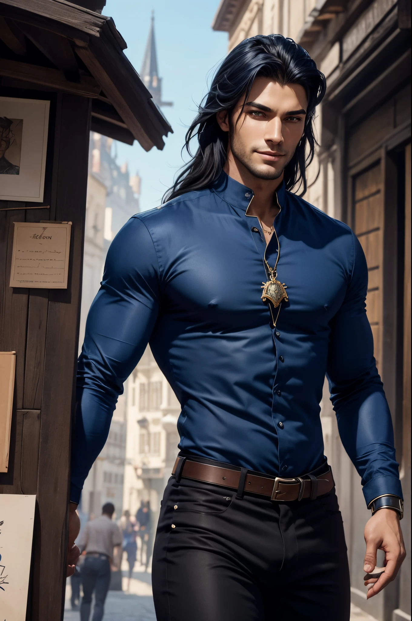 8K,Close-up of a devil wearing a blue and black shirt, beautiful young devil, Super handsome(Like the real thing)super realistic skin,Young men,blue-black long hair,graphic artist magali villeneuve, very stylish fantasy black pants,Stunning character art, epic exquisite character art, arsen lupine, River Male, ,Colored men,medieval street stalls,Big smile,Humorous,lean body muscles,super handsome young man,
