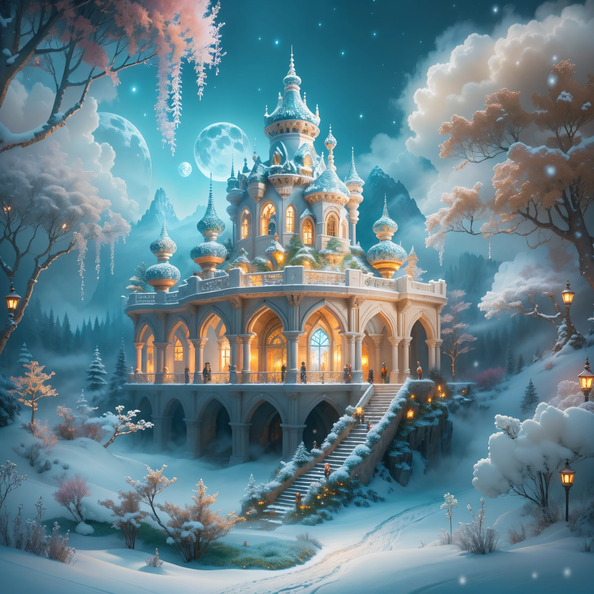 (tmasterpiece),（ultra - detailed：1.3），Best quality，(Sparkling: 1.2), (Winter wonderland in fantasy mythology: 1.4), ((Fresh, chill, mountains, white mist, , vastness, bamboo forest, frost flowers, diamonds, breeze, bamboo leaves, sounds of nature, lake, Ancient, pavilion, sacred, tranquil, peaceful, otherworldly, beautiful, tranquil, secluded, treasure, nature, magic, creativity)), illustration style, and decoration, dreamy winter wonderland, lovely design style, Evening, snowy field, full moon, bright colors, ((whimsical and charming fantasy)), surreal portrait, (fantasy-themed winter day), (whimsical wonderland), (colorful, mist-filled landscape), (enchanting , magical creatures), (a vibrant, mist-shrouded palace), (white cloud road), (rich, dreamlike colors), (twinking stars) elevated, (fourth-dimensional dreamland), (enchanting and enchanting atmosphere), (playful composition), (vivid lighting effects), 1.4x realism, ultra-high definition, displayed in this beautiful scene, （Very meticulous，Reasonable design，Clear lines，High- sharpness，tmasterpiece，offcial art，movie light effect，8K)