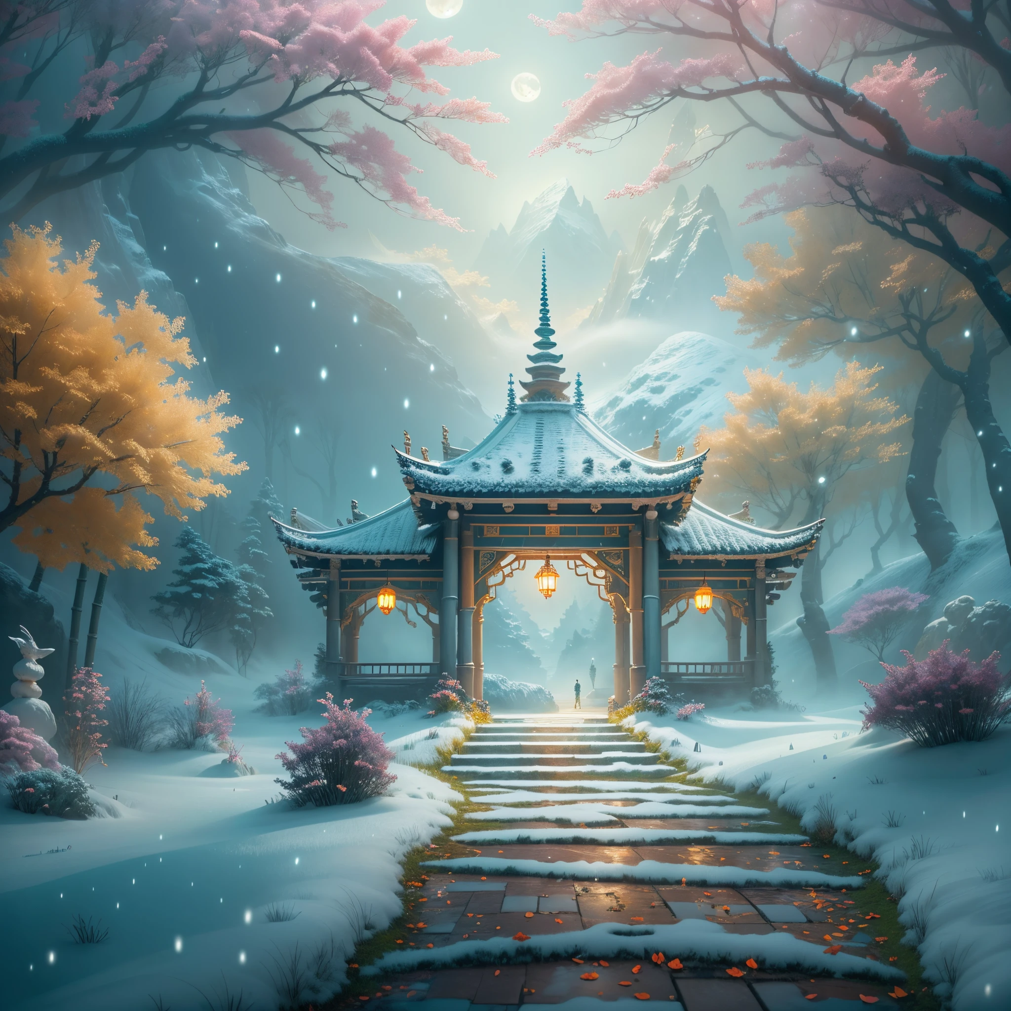 (tmasterpiece),（ultra - detailed：1.3），Best quality，(Sparkling: 1.2), (Winter wonderland in fantasy mythology: 1.4), ((Fresh, chill, mountains, white mist, , vastness, bamboo forest, frost flowers, diamonds, breeze, bamboo leaves, sounds of nature, lake, Ancient, pavilion, sacred, tranquil, peaceful, otherworldly, beautiful, tranquil, secluded, treasure, nature, magic, creativity)), illustration style, and decoration, dreamy winter wonderland, lovely design style, Evening, snowy field, full moon, bright colors, ((whimsical and charming fantasy)), surreal portrait, (fantasy-themed winter day), (whimsical wonderland), (colorful, mist-filled landscape), (enchanting , magical creatures), (a vibrant, mist-shrouded palace), (white cloud road), (rich, dreamlike colors), (twinking stars) elevated, (fourth-dimensional dreamland), (enchanting and enchanting atmosphere), (playful composition), (vivid lighting effects), 1.4x realism, ultra-high definition, displayed in this beautiful scene, （Very meticulous，Reasonable design，Clear lines，High- sharpness，tmasterpiece，offcial art，movie light effect，8K)