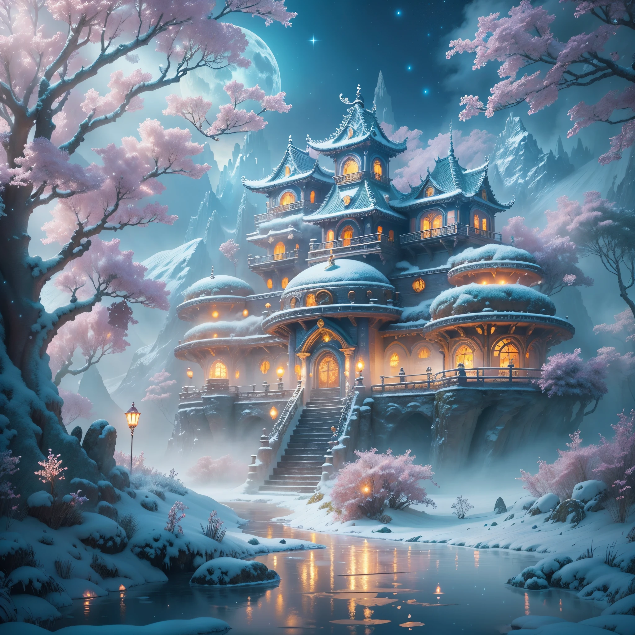(tmasterpiece),(ultra - detailed:1.3),Best quality,(Sparkling: 1.2), (Winter wonderland in fantasy mythology: 1.4), ((Fresh, chill, mountains, white mist, , vastness, bamboo forest, frost flowers, diamonds, breeze, bamboo leaves, sounds of nature, lake, Ancient, pavilion, sacred, tranquil, peaceful, otherworldly, beautiful, tranquil, secluded, treasure, nature, magic, creativity)), illustration style, and decoration, dreamy winter wonderland, lovely design style, Evening, snowy field, full moon, bright colors, ((whimsical and charming fantasy)), surreal portrait, (fantasy-themed winter day), (whimsical wonderland), (colorful, mist-filled landscape), (enchanting , magical creatures), (a vibrant, mist-shrouded palace), (white cloud road), (rich, dreamlike colors), (twinking stars) elevated, (fourth-dimensional dreamland), (enchanting and enchanting atmosphere), (playful composition), (vivid lighting effects), 1.4x realism, ultra-high definition, displayed in this beautiful scene, (Very meticulous,Reasonable design,Clear lines,High- sharpness,tmasterpiece,offcial art,movie light effect,8K)