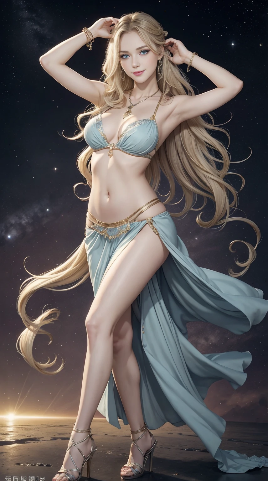 25-year-old Caucasian woman、ash blonde、blue eyess、Semi-long、setting hair、I'm tying my hair、My hair is wavy、Slender but thin macho、accessories on the wrist、wearing a chain necklace、Beautiful breasts、a smile、I need space above my head、Wearing belly dancing costumes、Wearing high heels、Snowflakes are falling all over the screen、background art nouveau